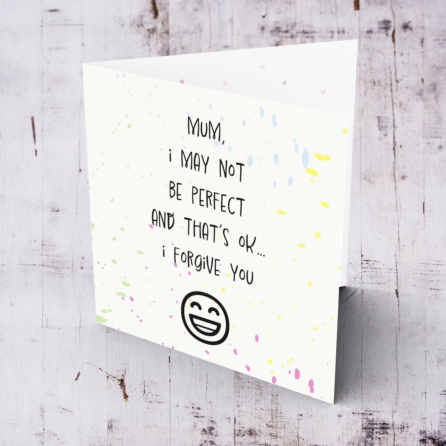 Funny mother's day card with splattered colourful "paint" and funny emoji in English