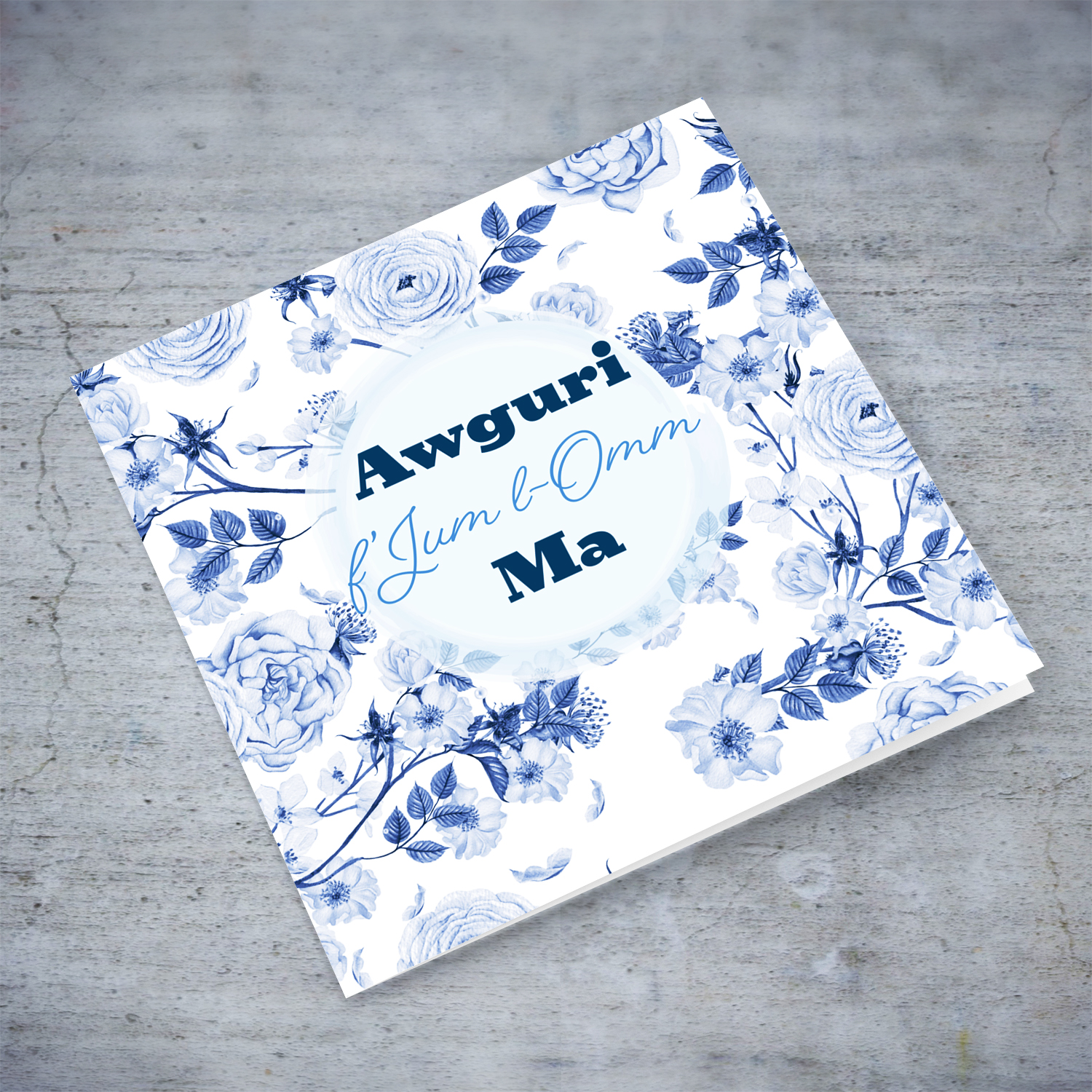 Blue flower themed background mother's day card for Mum in Maltese