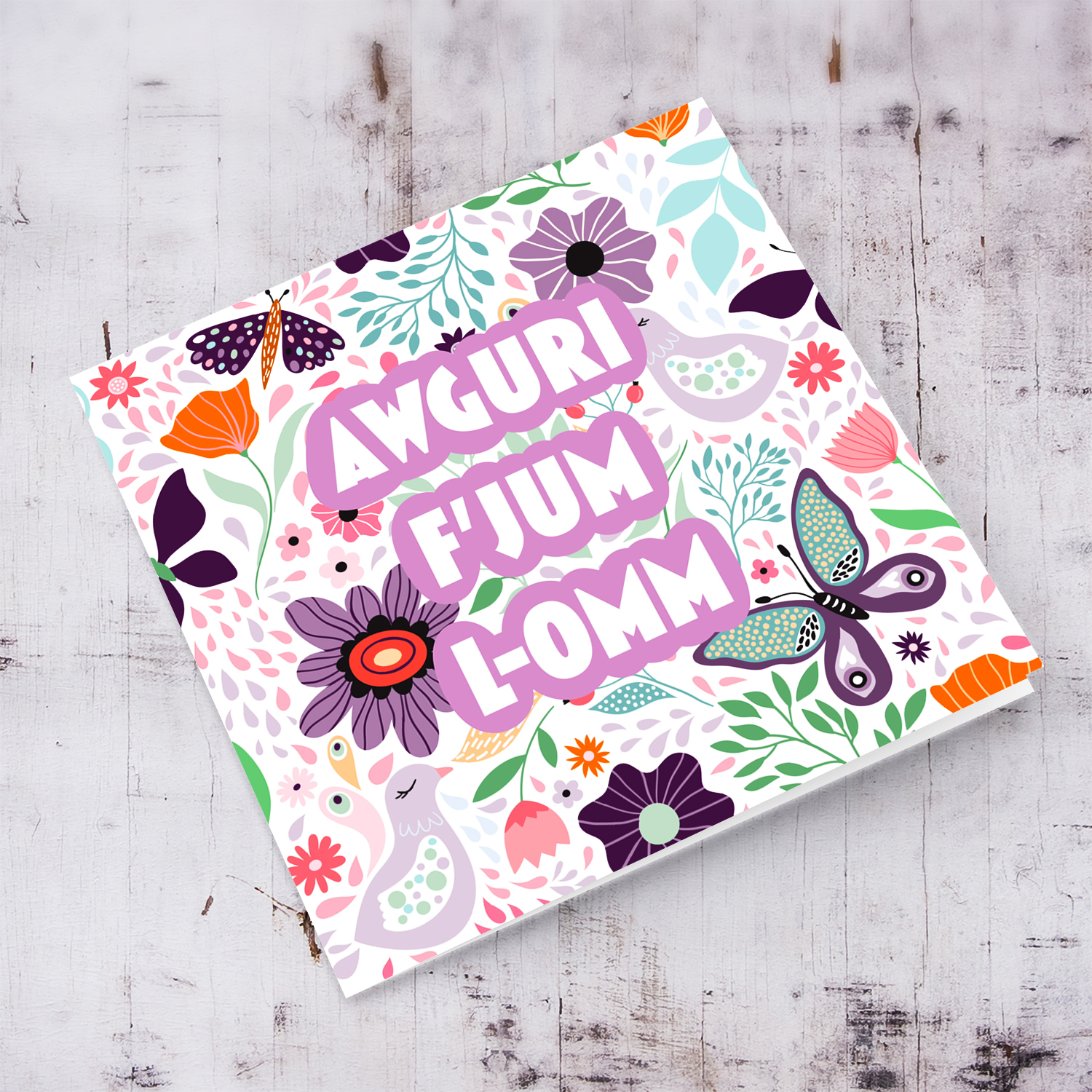 Colourful background with butterflies and flowers mother's day card in Maltese