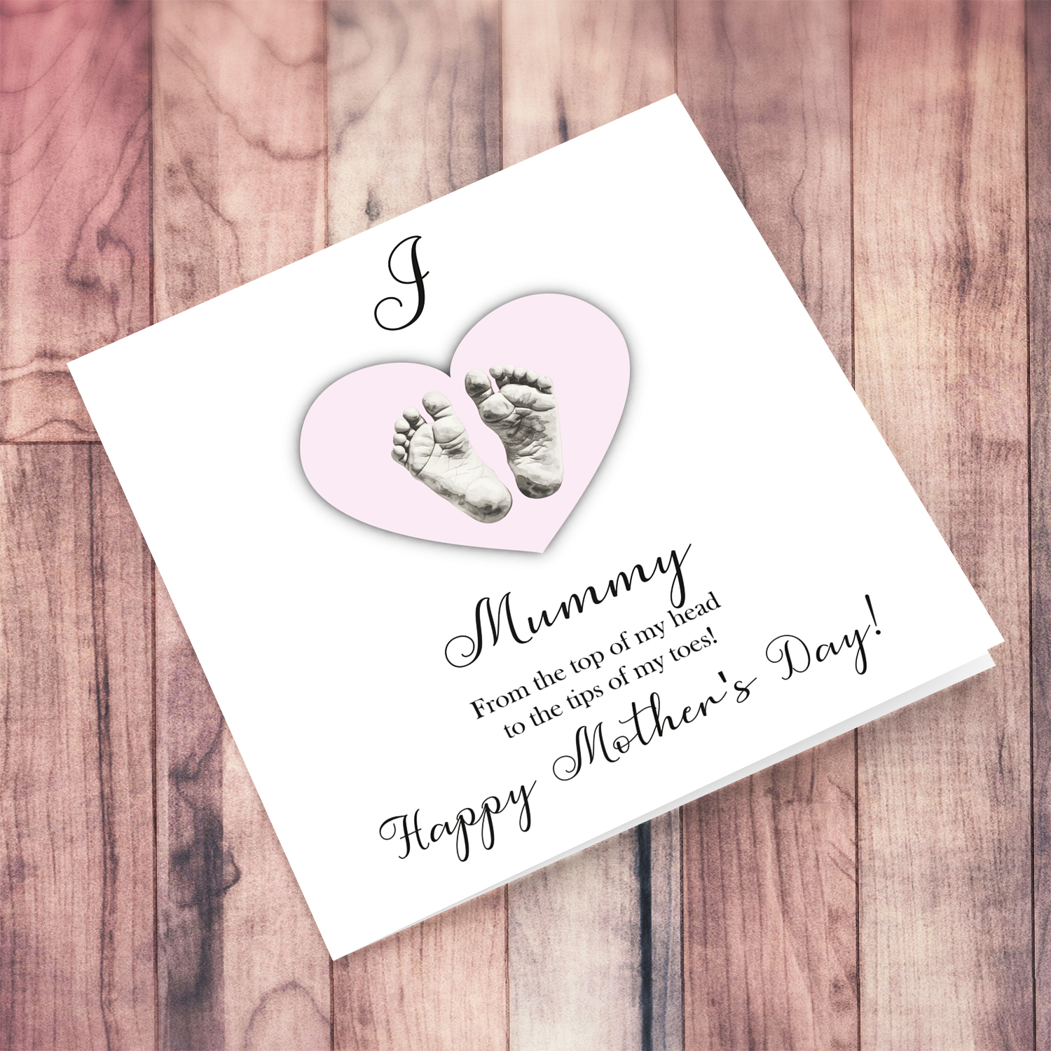 A cute baby footprint mother's day card for mummy, I love mummy, in a light pink heart in English