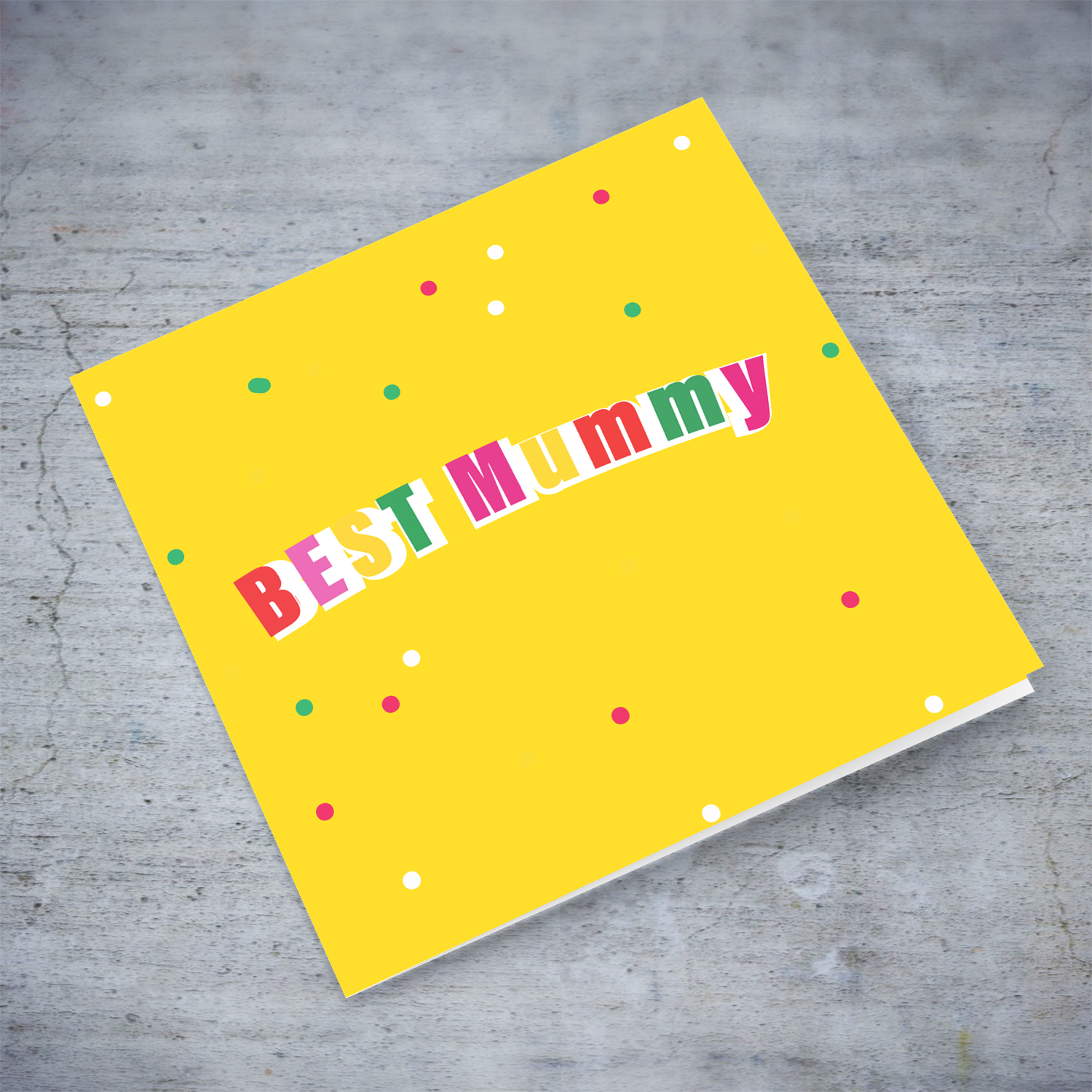 A beautiful colourful confetti bright yellow background BEST Mummy card for Mother's Day / Birthday in English