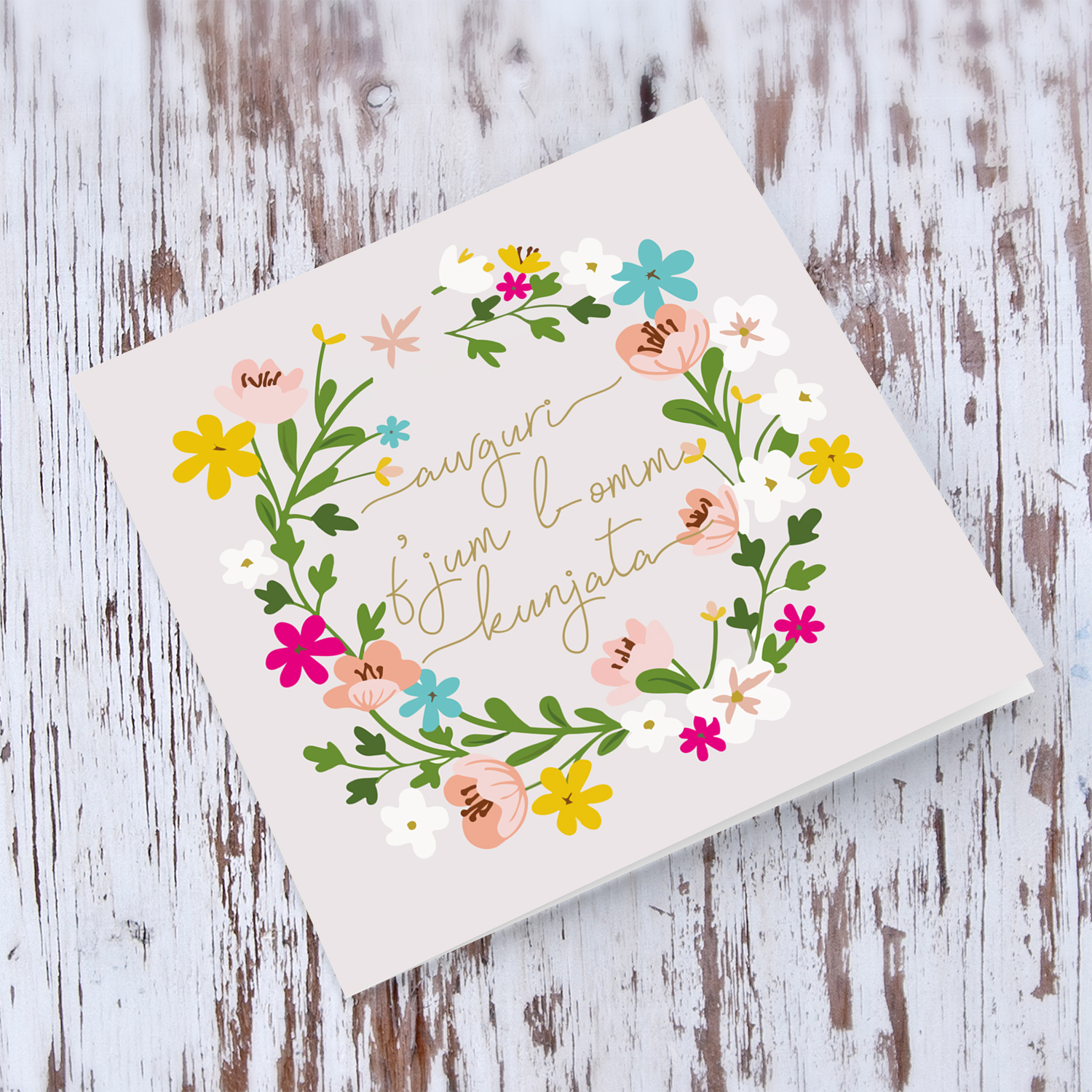Colourful floral themed mother's day card with light pink background for mother-in-law in Maltese