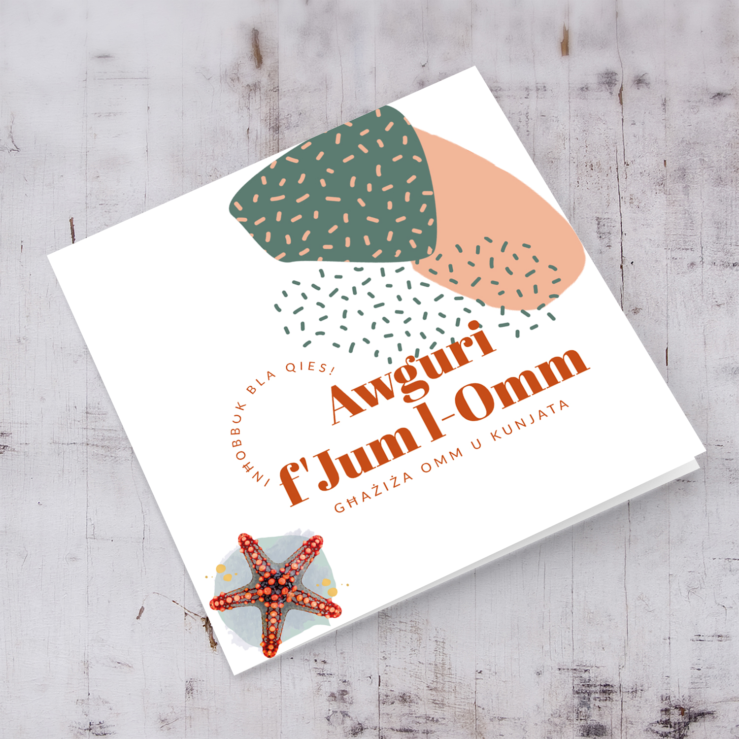 Modern Mother's Day card with starfish, for Mum and Mother'-in-Law in Maltese