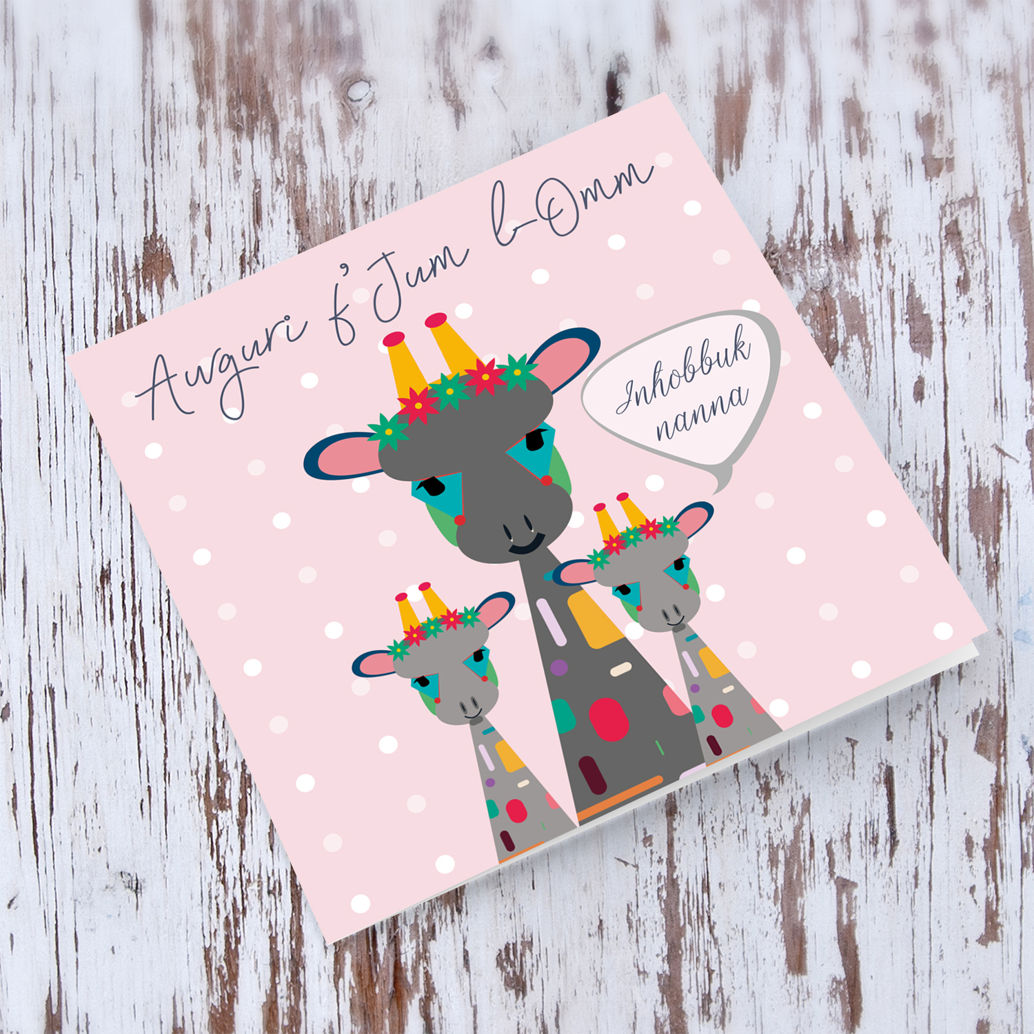 Giraffe and 2 baby giraffes themed Mother's Day Card for Nanna in Maltese