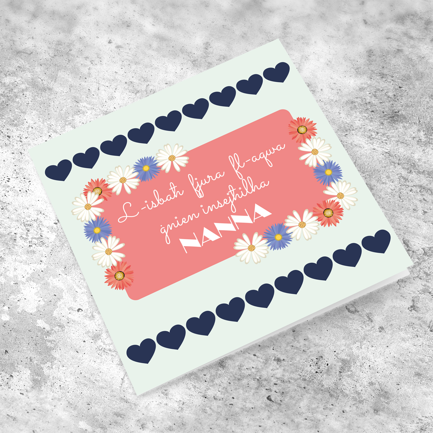 Pastel background with blue hearts and floral border Mother's Day Card for Grandma in Maltese