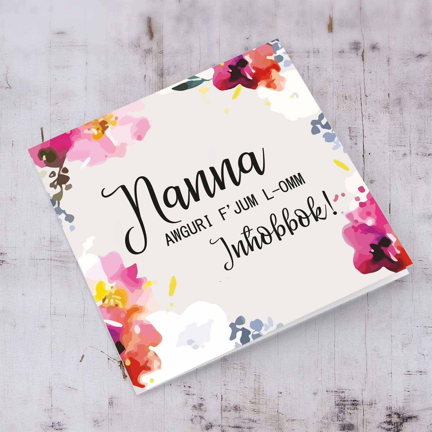 Watercolour flowers background Mother's Day Card for Grandma in Maltese
