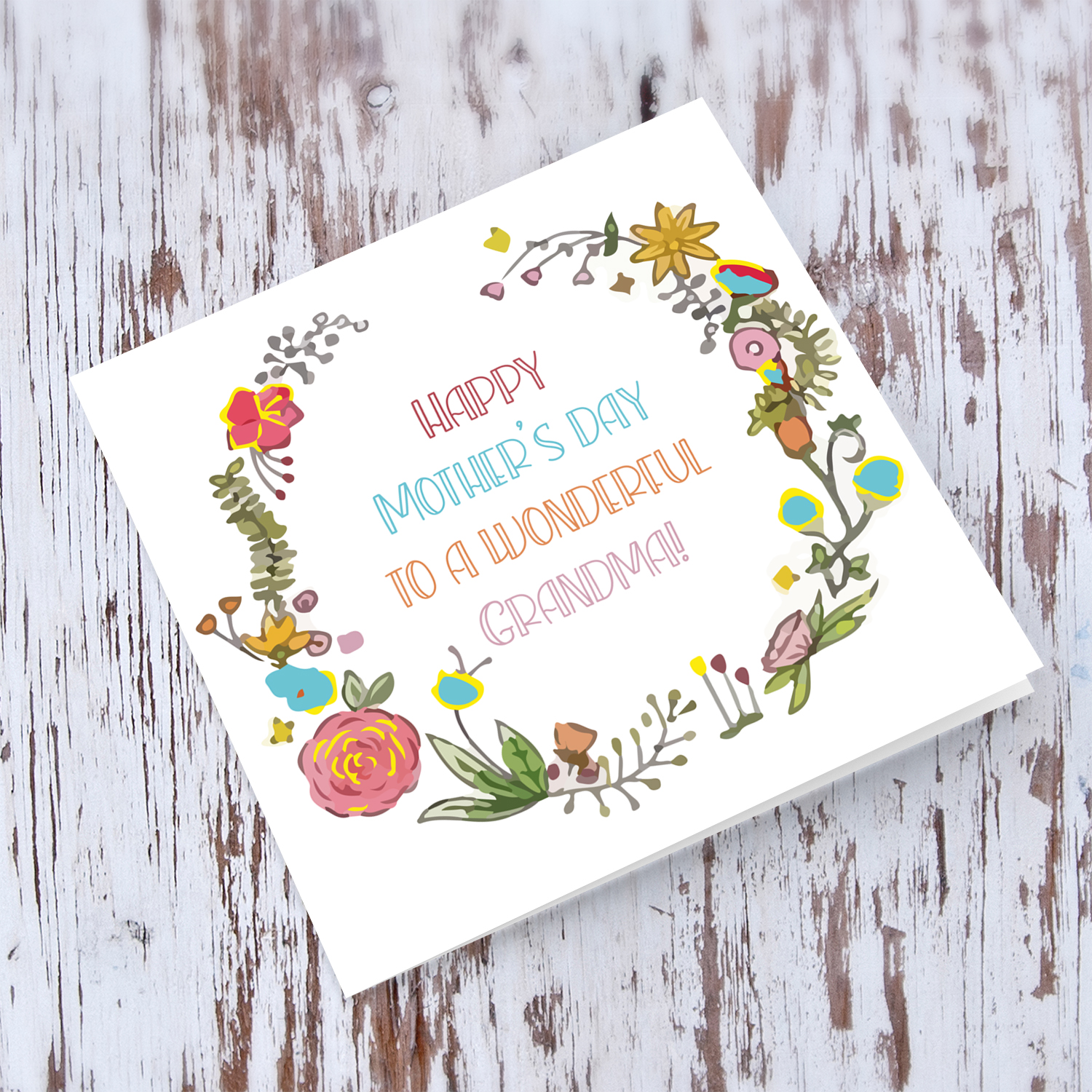 Colourful wreath with various flowers Mother's Day card for Grandma in English