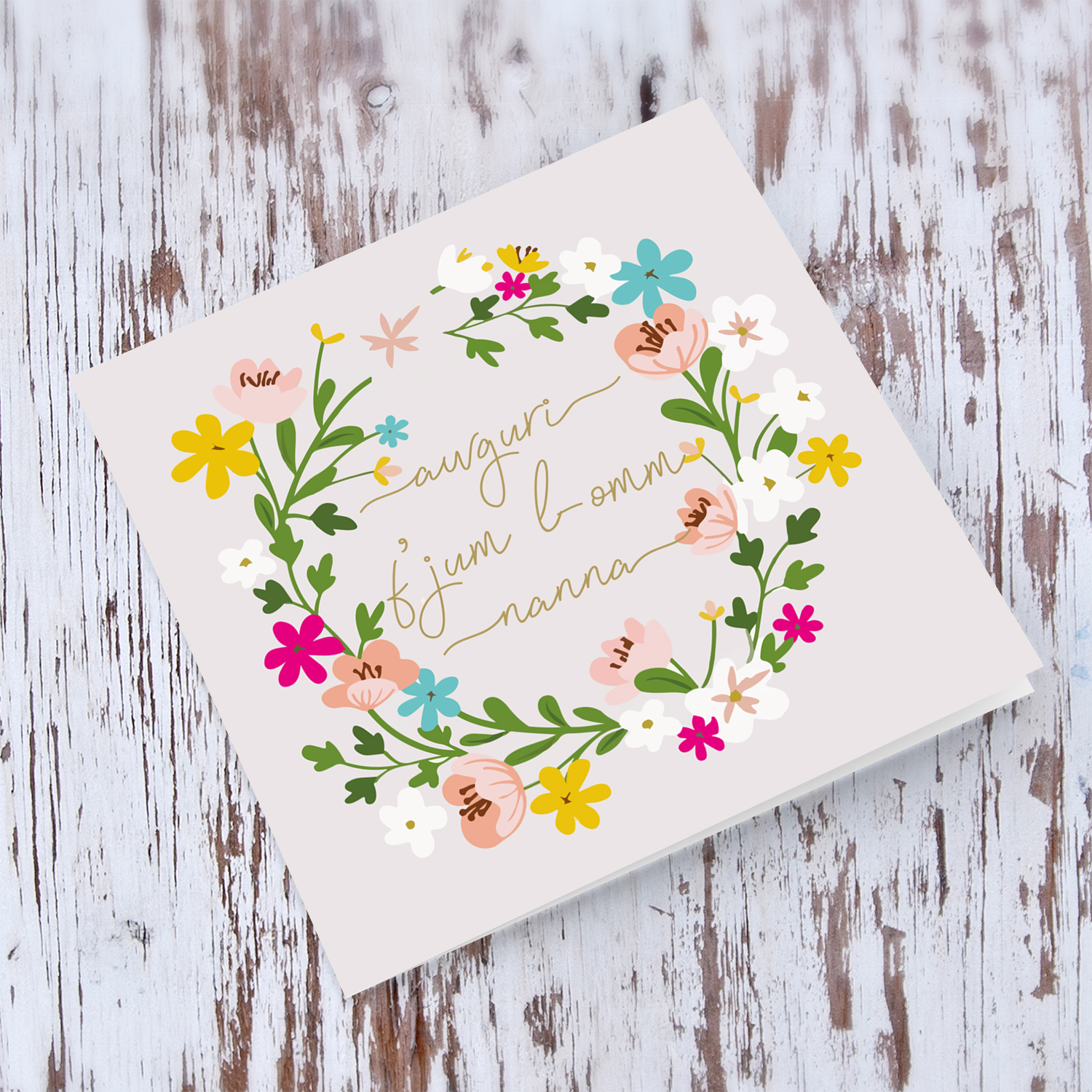 Colourful floral themed mother's day card with light pink background for grandma in Maltese