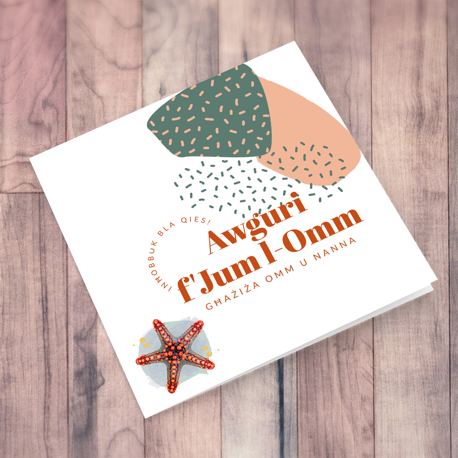 Modern Mother's Day card with starfish, for Mum & Grandma in Maltese