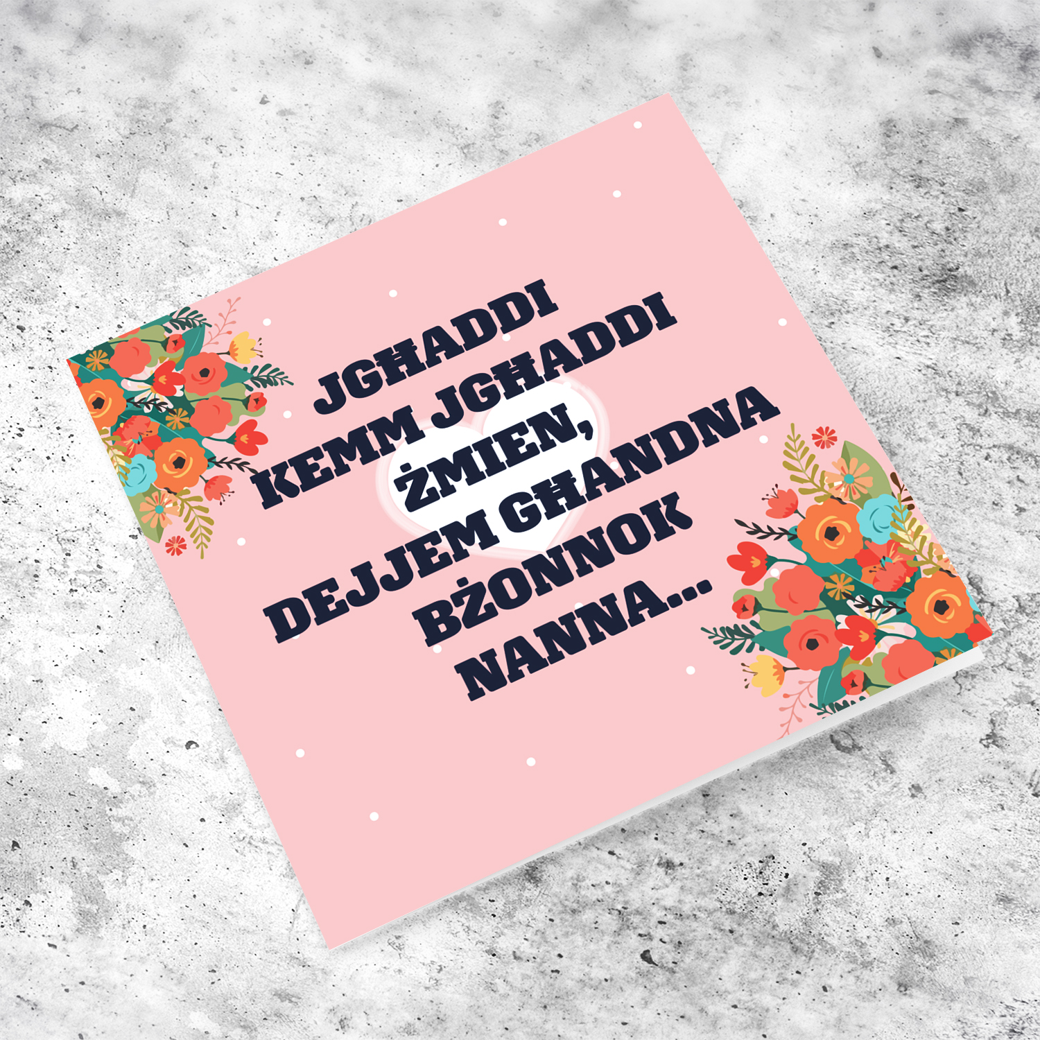 Beautiful Mother's Day card with a special message in Maltese (with pink background, white heart and florals) (PLURAL)