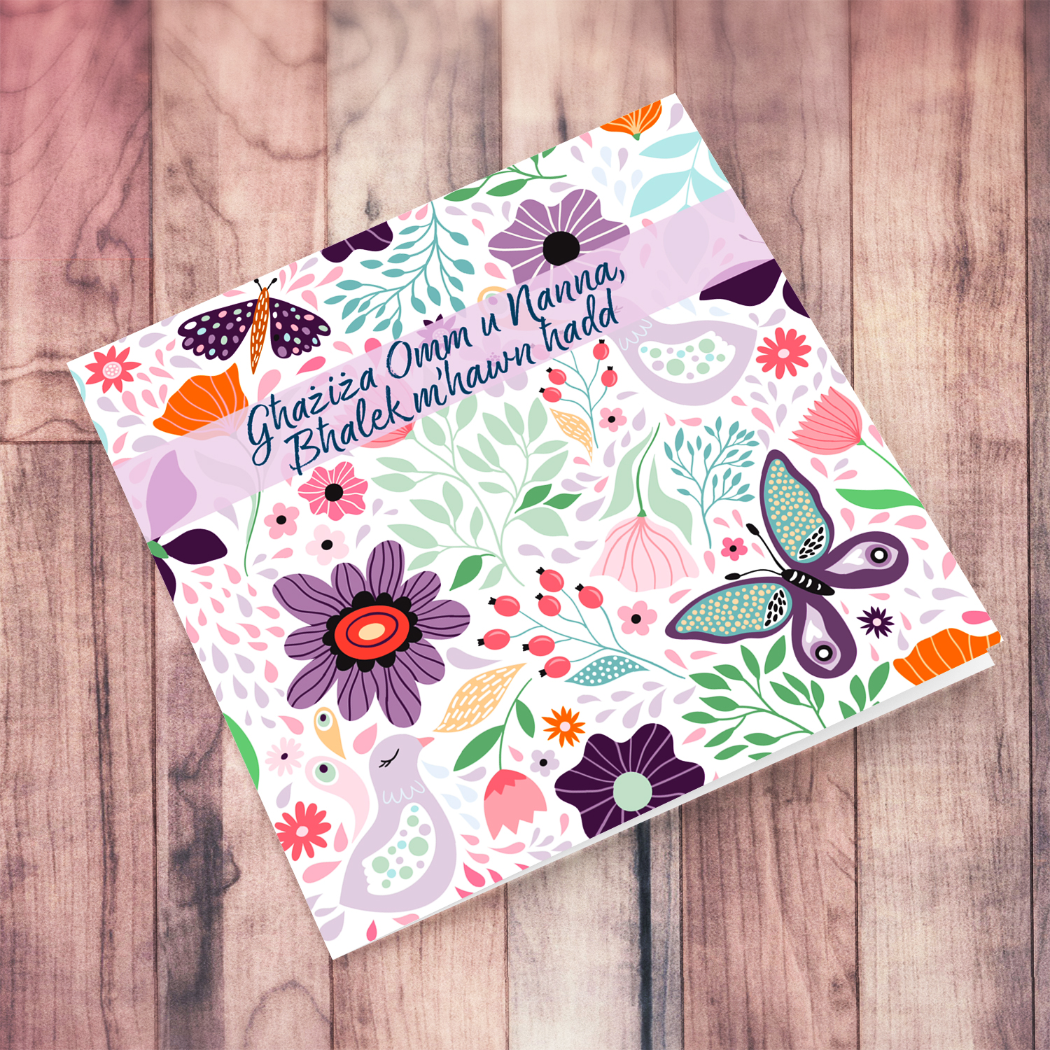 Colourful background with butterflies and flowers mother's day card for mother and Grandma in Maltese