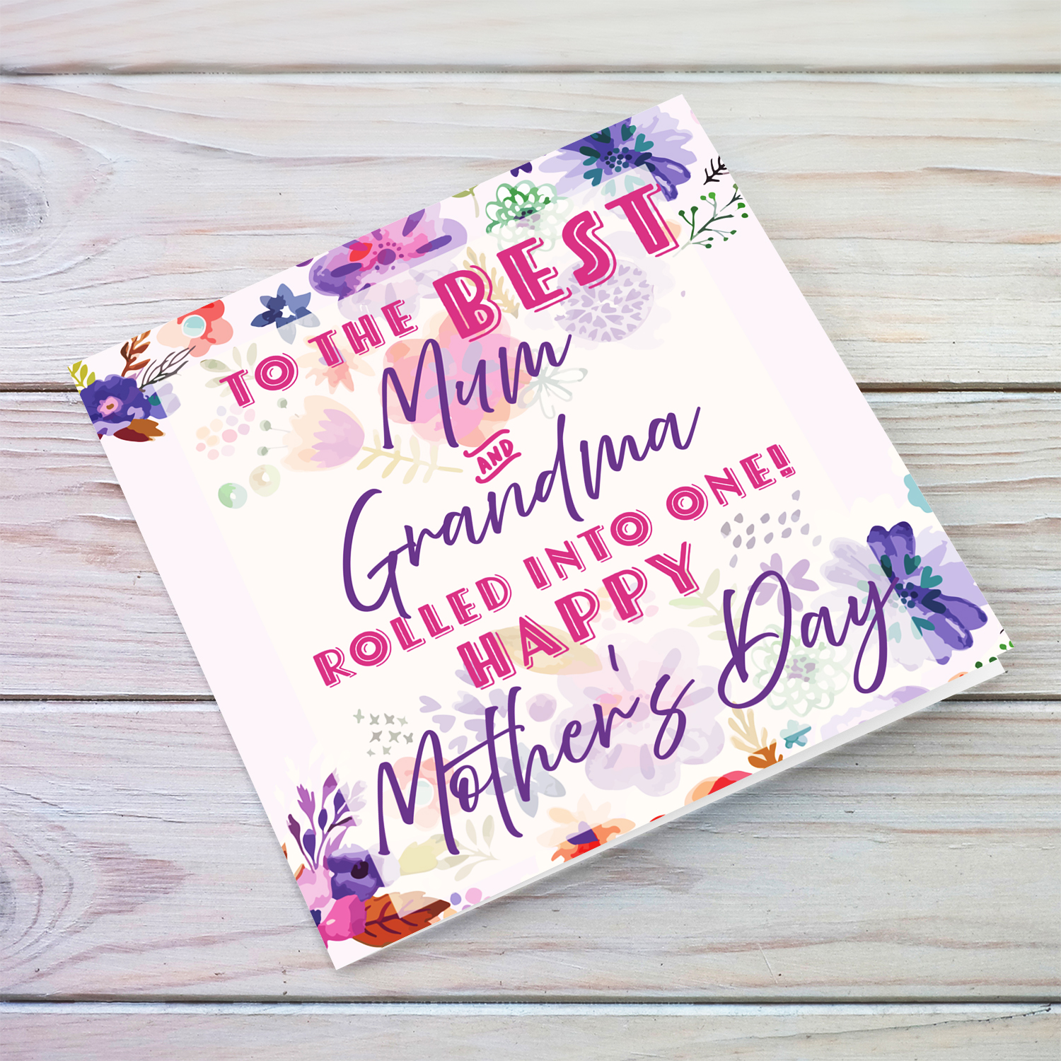 A beautiful mother's day card featuring purple flowers, pink and purple text in English (For mum & Grandma)