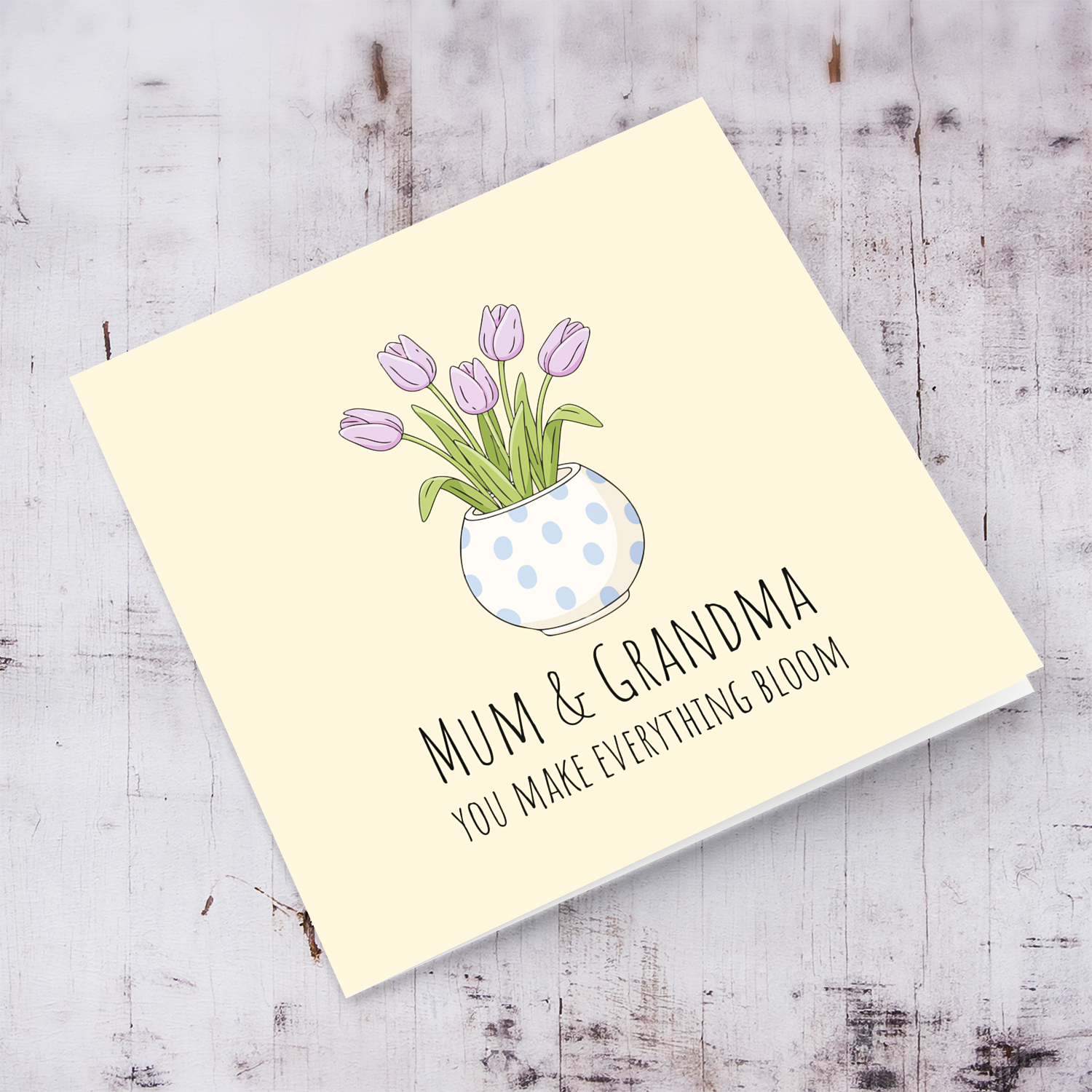 A beautiful mother's day card for mum & grandma featuring light purple tulips in spotted vase and neutral background in English (2 in 1)