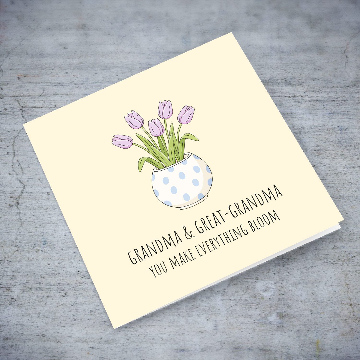 A beautiful mother's day card for grandma & great-grandma featuring light purple tulips in spotted vase and neutral background in English