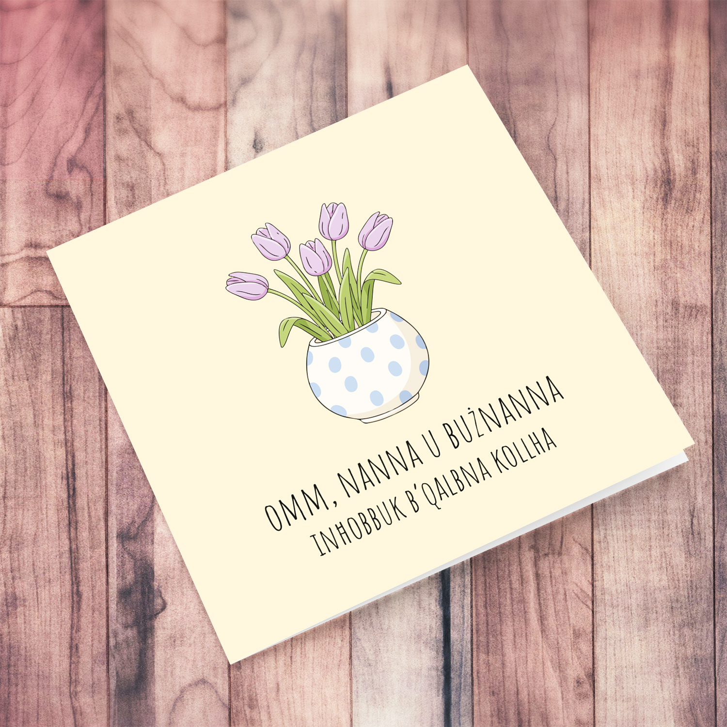 A beautiful mother's day card for mum, grandma & great-grandma featuring light purple tulips in spotted vase and neutral background in Maltese
