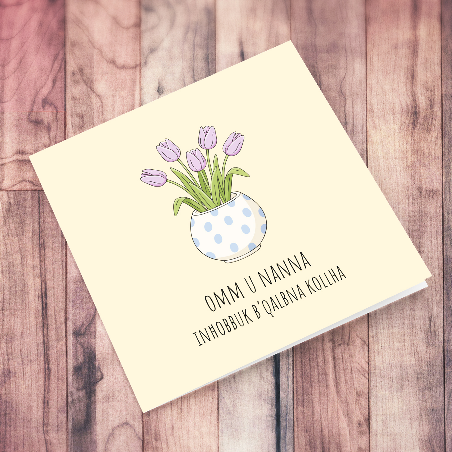 A beautiful mother's day card for mum & grandma featuring light purple tulips in spotted vase and neutral background in Maltese