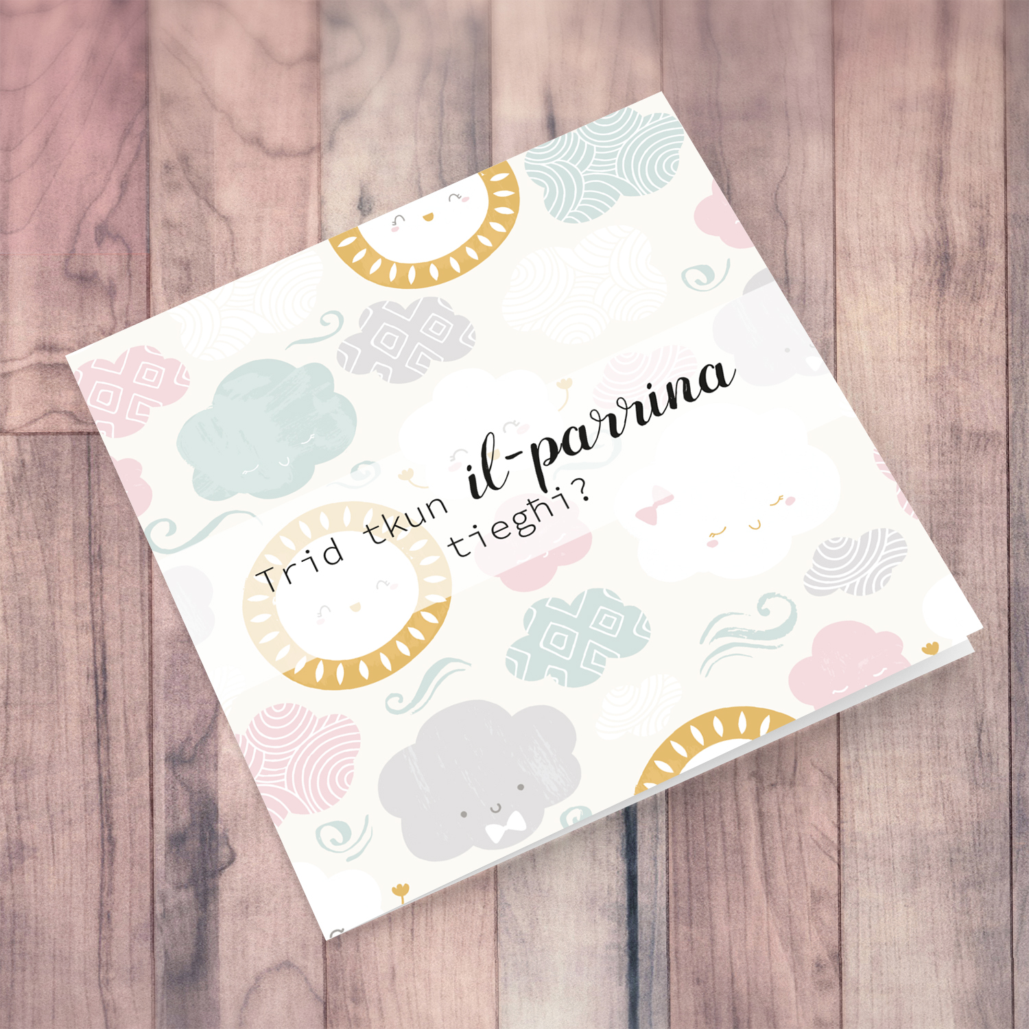 Sky themed female baptism sponsor card in Maltese
