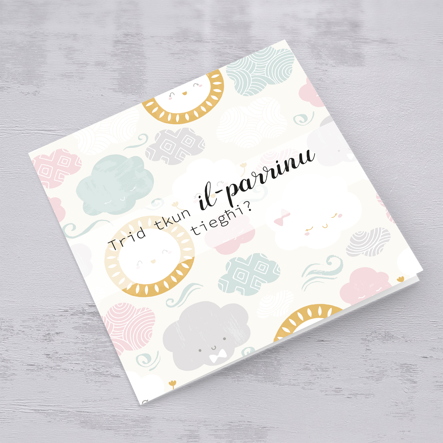 Sky themed male baptism sponsor card in Maltese