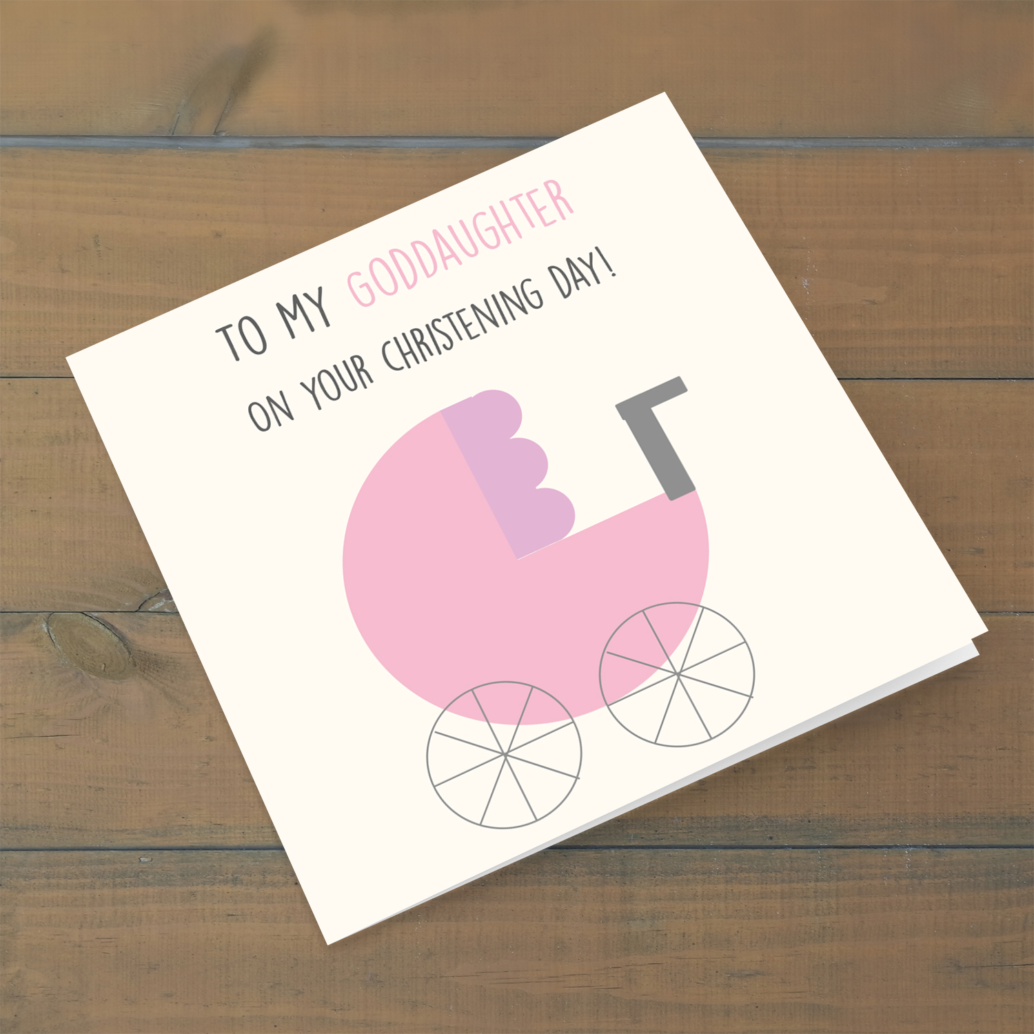 Pram themed baptism card for goddaughter in English