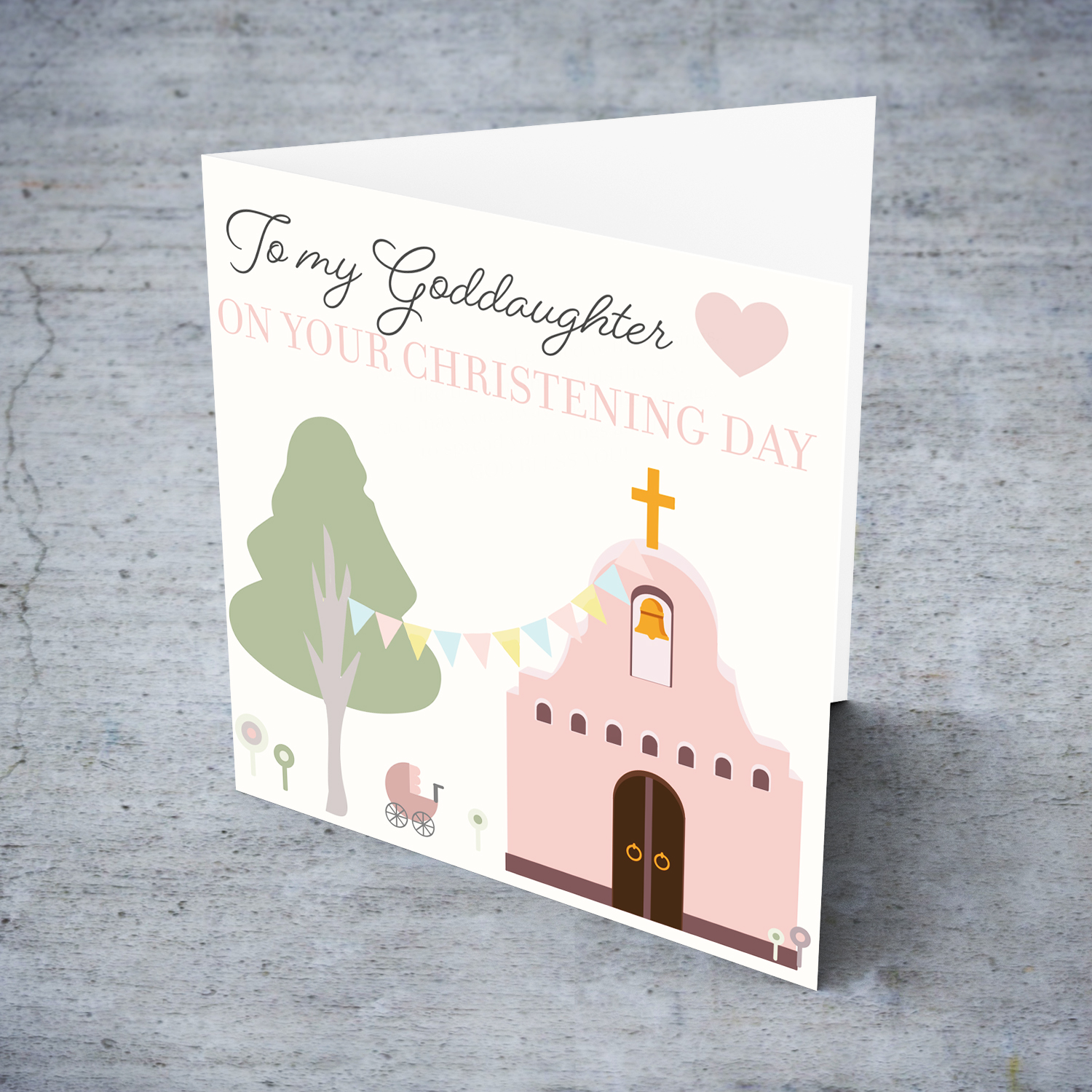 Church themed baptism card with bunting, trees, flower and pram for Goddaughter in English