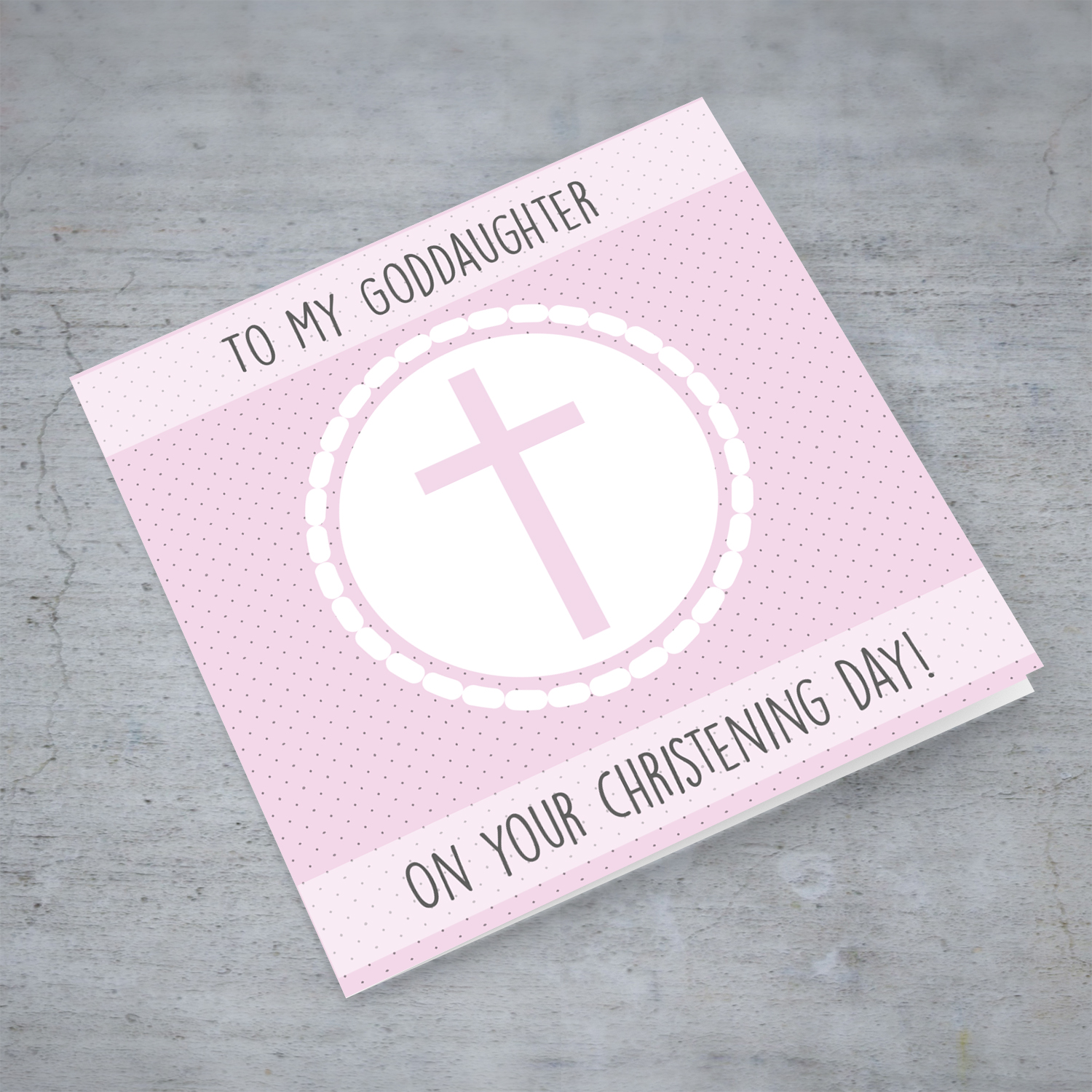 Pink themed baptism card for goddaughter with cross in English