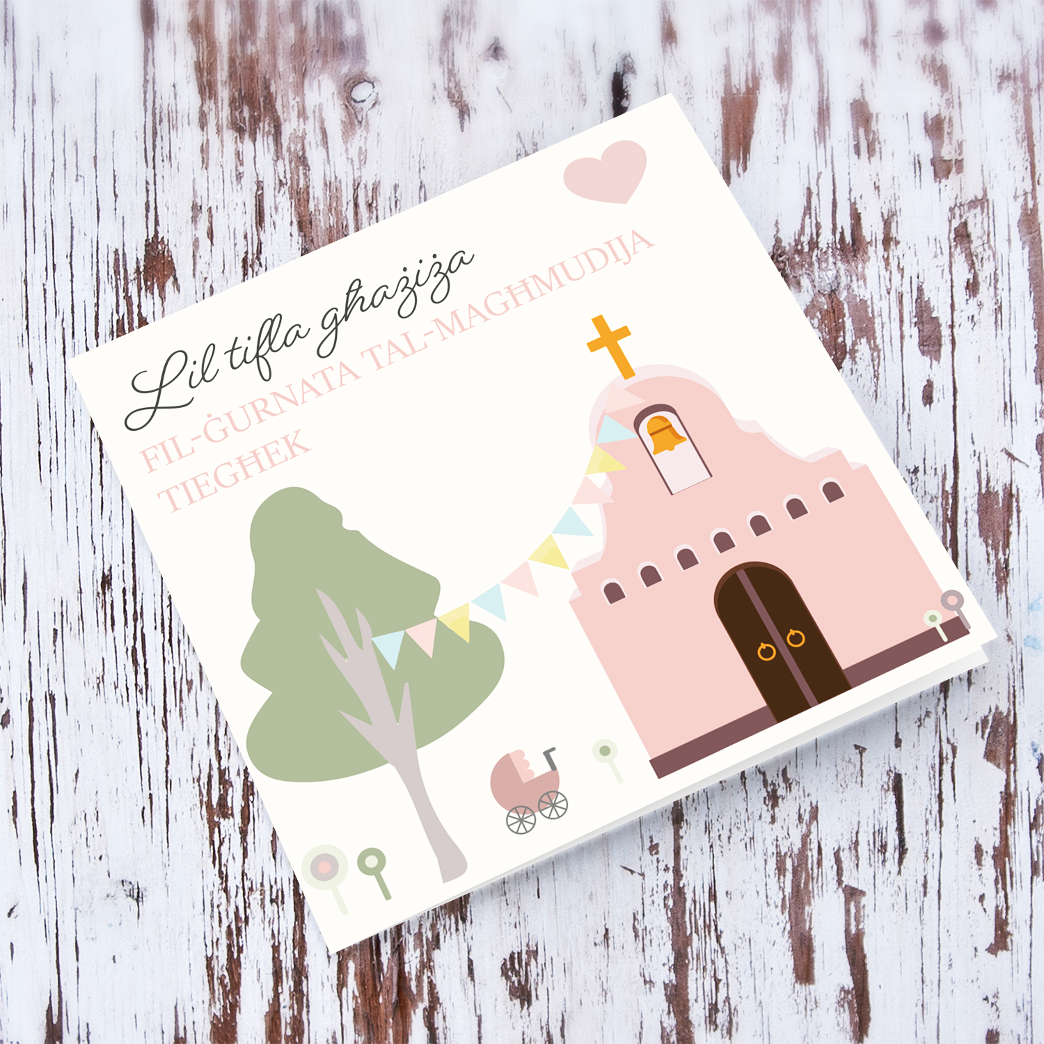 Church themed baptism card with bunting, trees, flower and a pram for a girl in Maltese