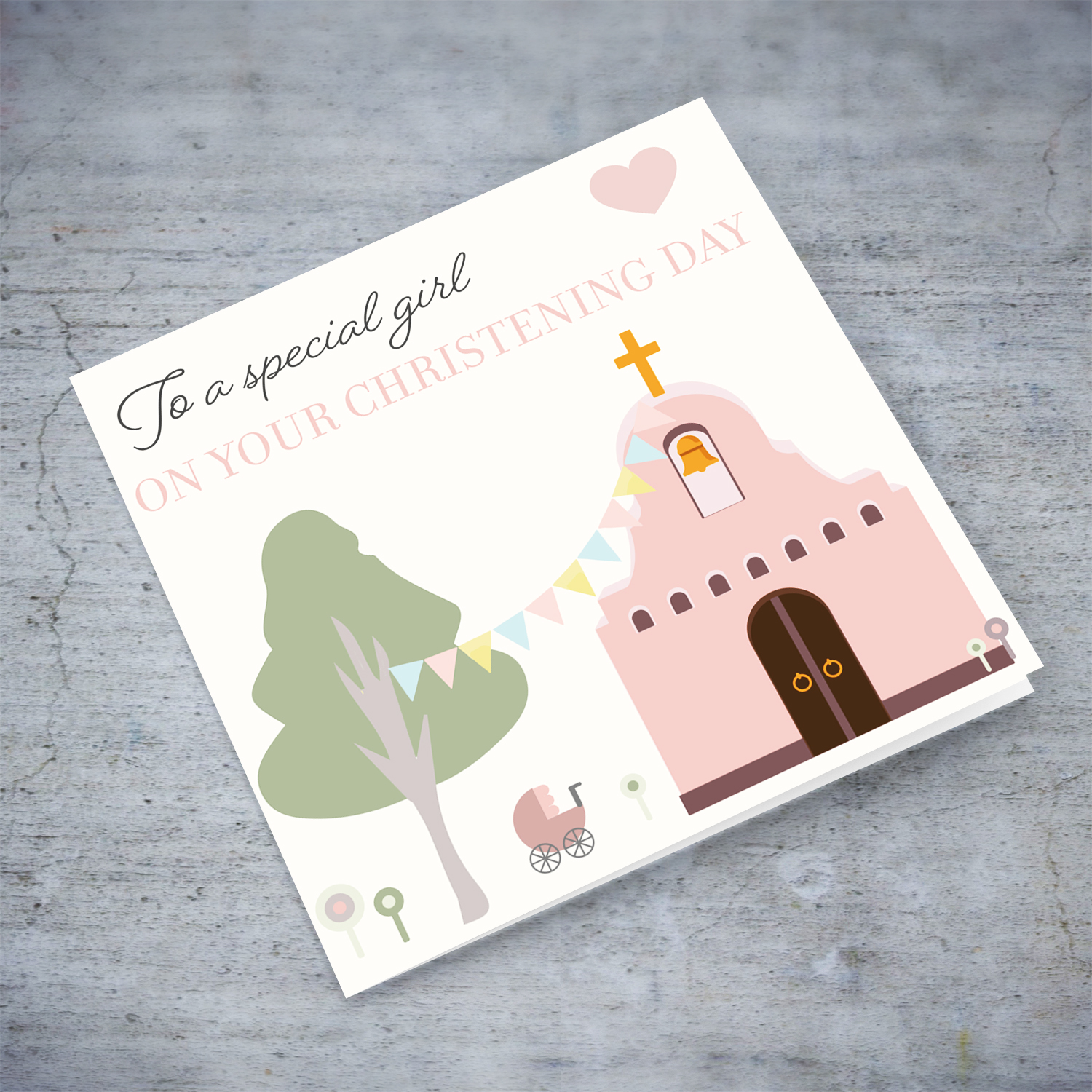 Church themed baptism card with bunting, trees, flower and a pram for a girl in English