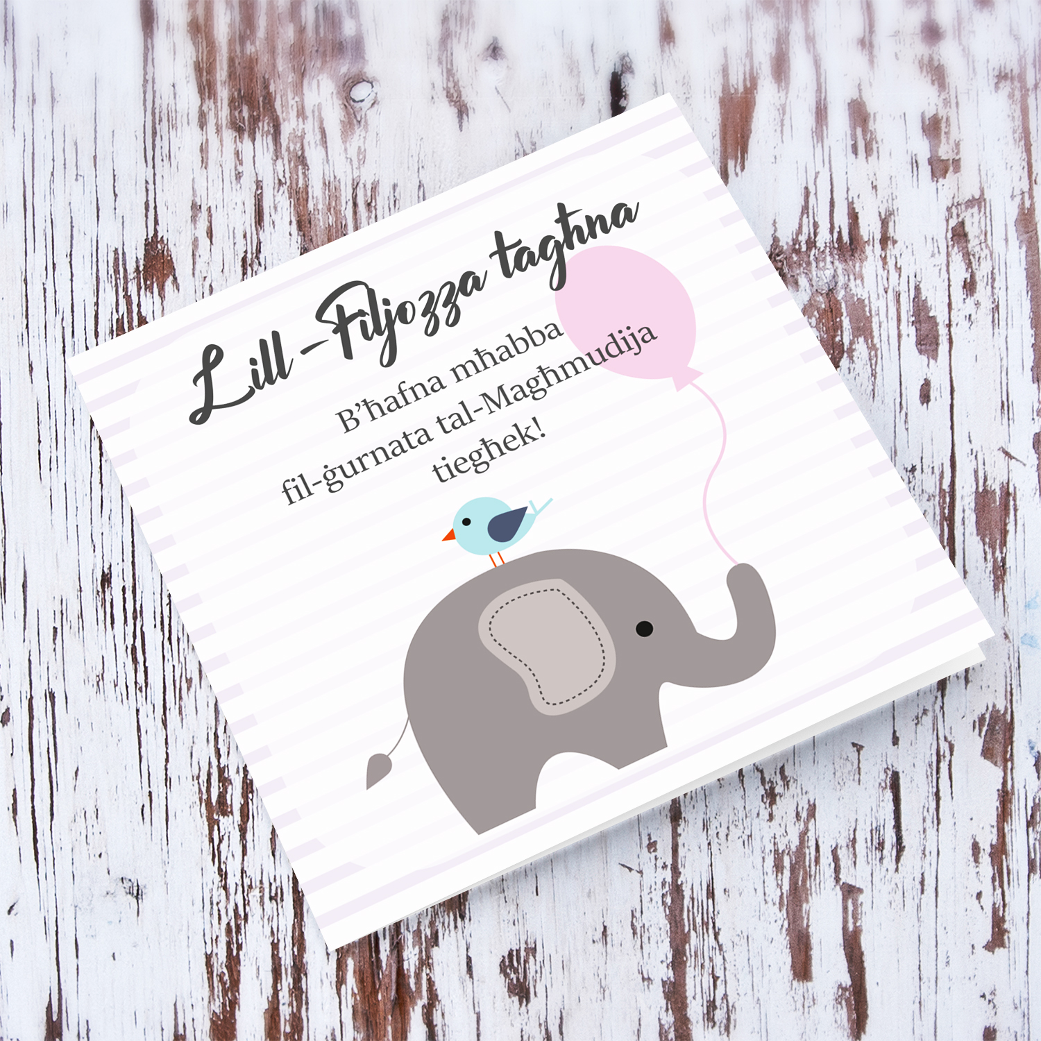 Elephant themed baptism card for goddaughter in Maltese