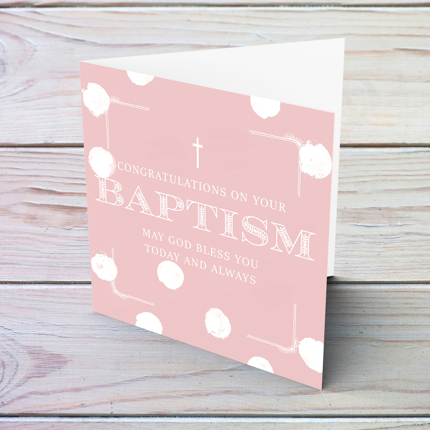 Pink monochrome Baptism card for girl in scattered white dots with a dainty cross in English