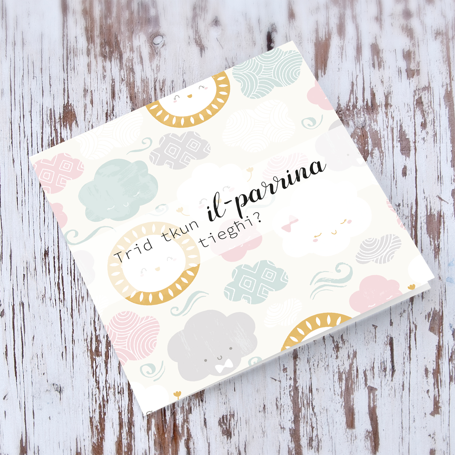 Would you like to be my Godmother card in Maltese with pink cloud and sun background 