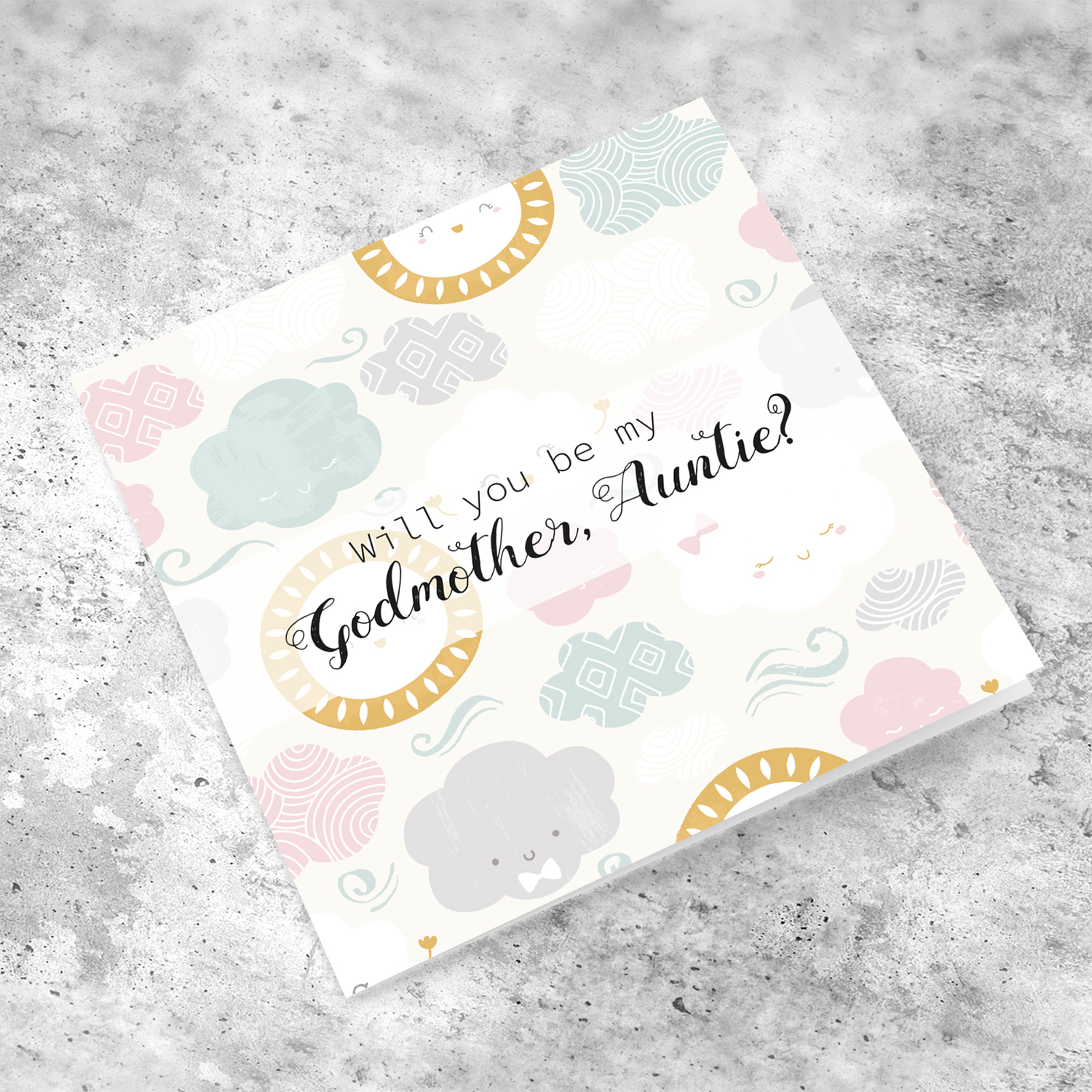 Will you be my Godmother, Auntie card in English with pastel clouds and smiling sun