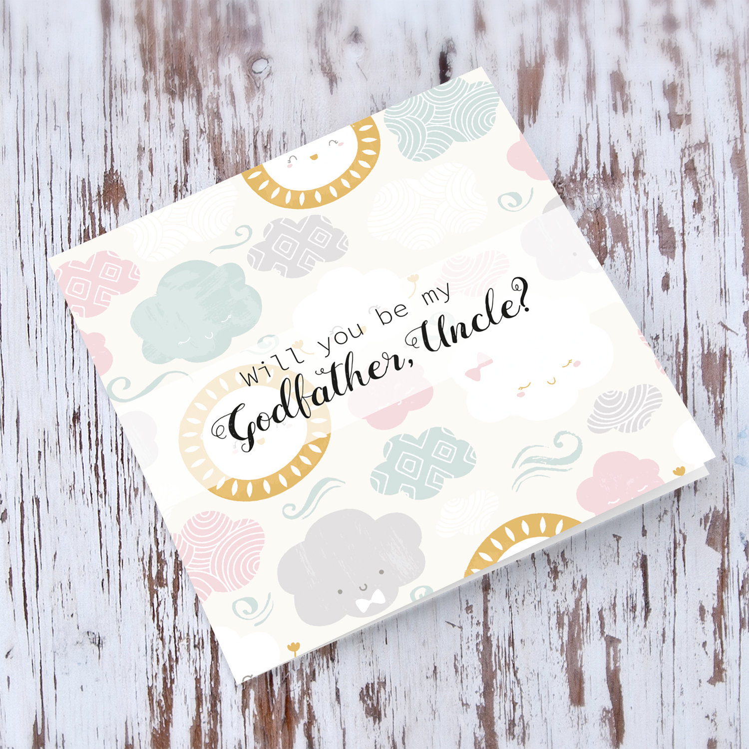Will you be my Godfather, Uncle card with pink and grey pastel clouds and smiling sun