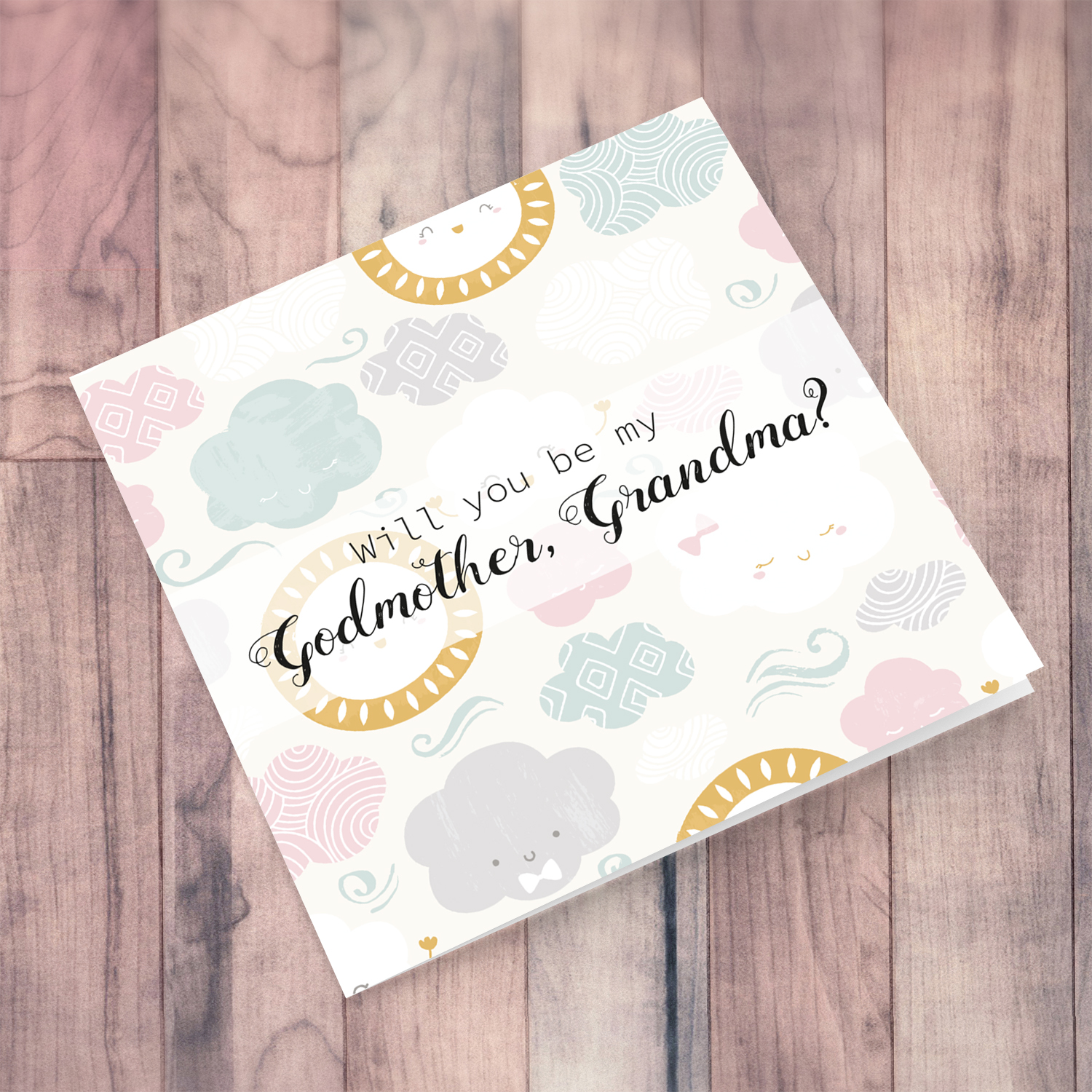 Will you be my Godmother, Grandma card with pink and grey pastel clouds and smiling sun