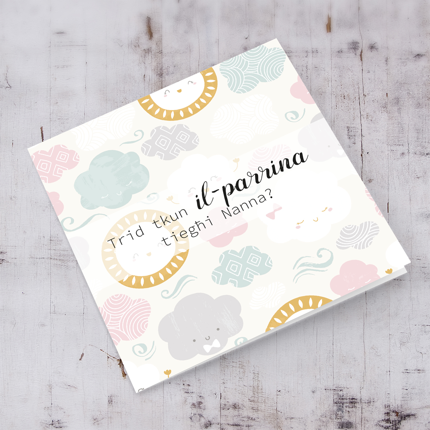 Would you like to be my Godmother Grandma card in Maltese with pink cloud and sun background 