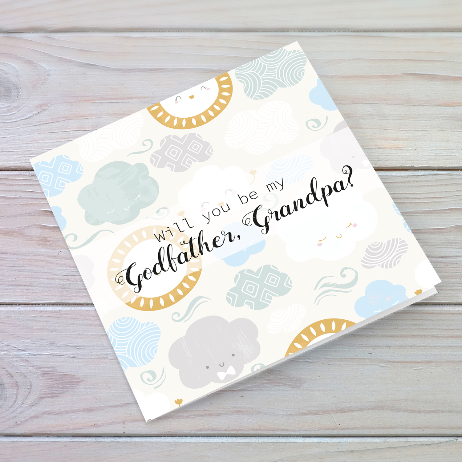 Will you be my Godfather, Grandpa card with blue and green pastel clouds and smiling sun