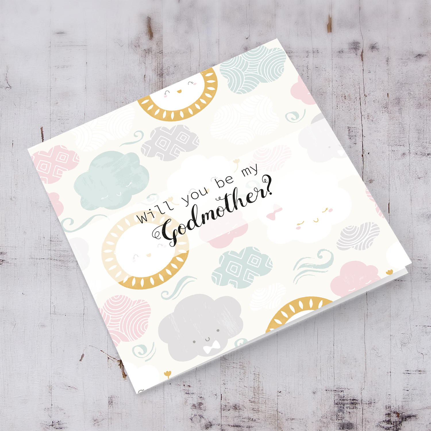 Will you be my Godmother card with pink and grey pastel clouds and smiling sun