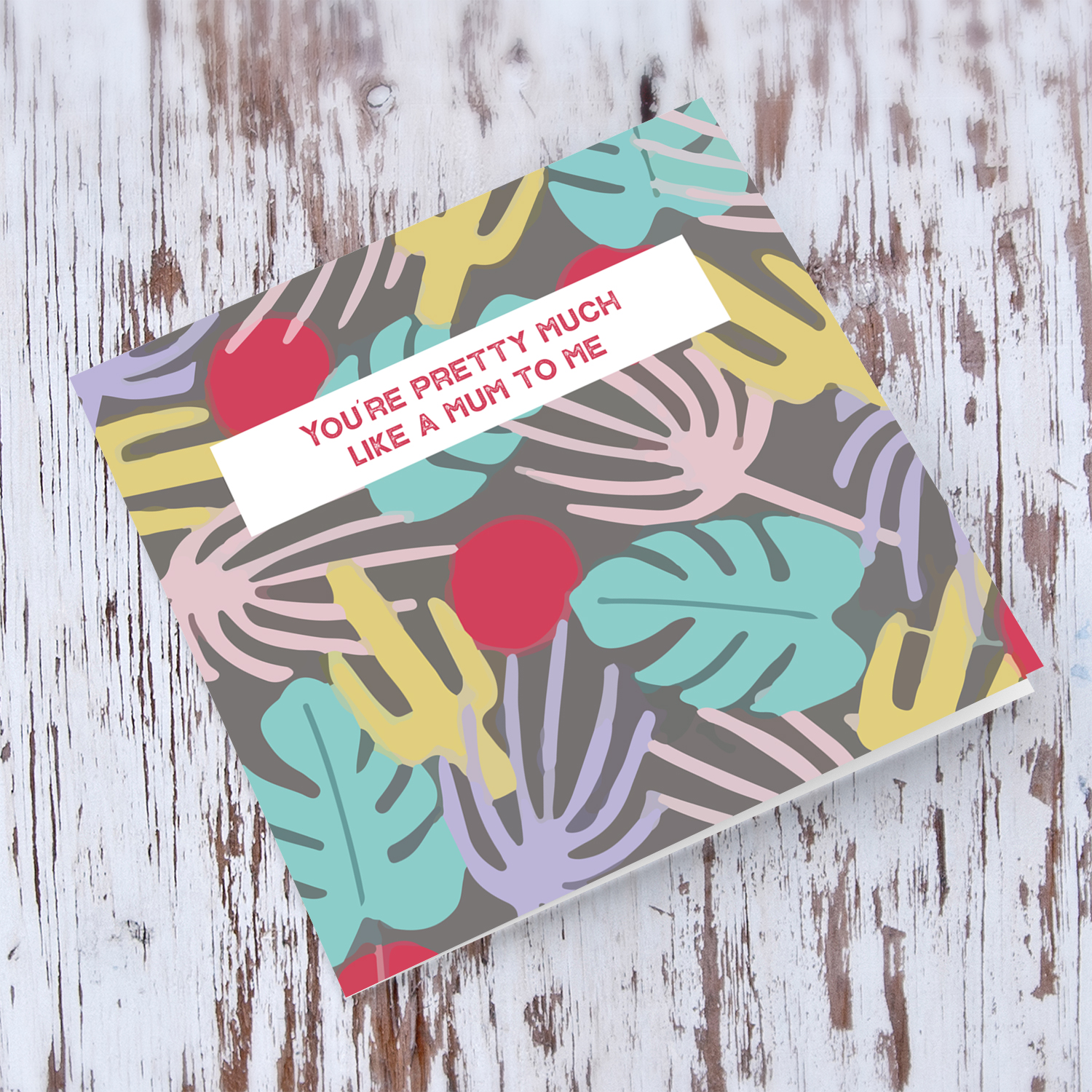 Colourful leaves and cactus background mother's day card in English