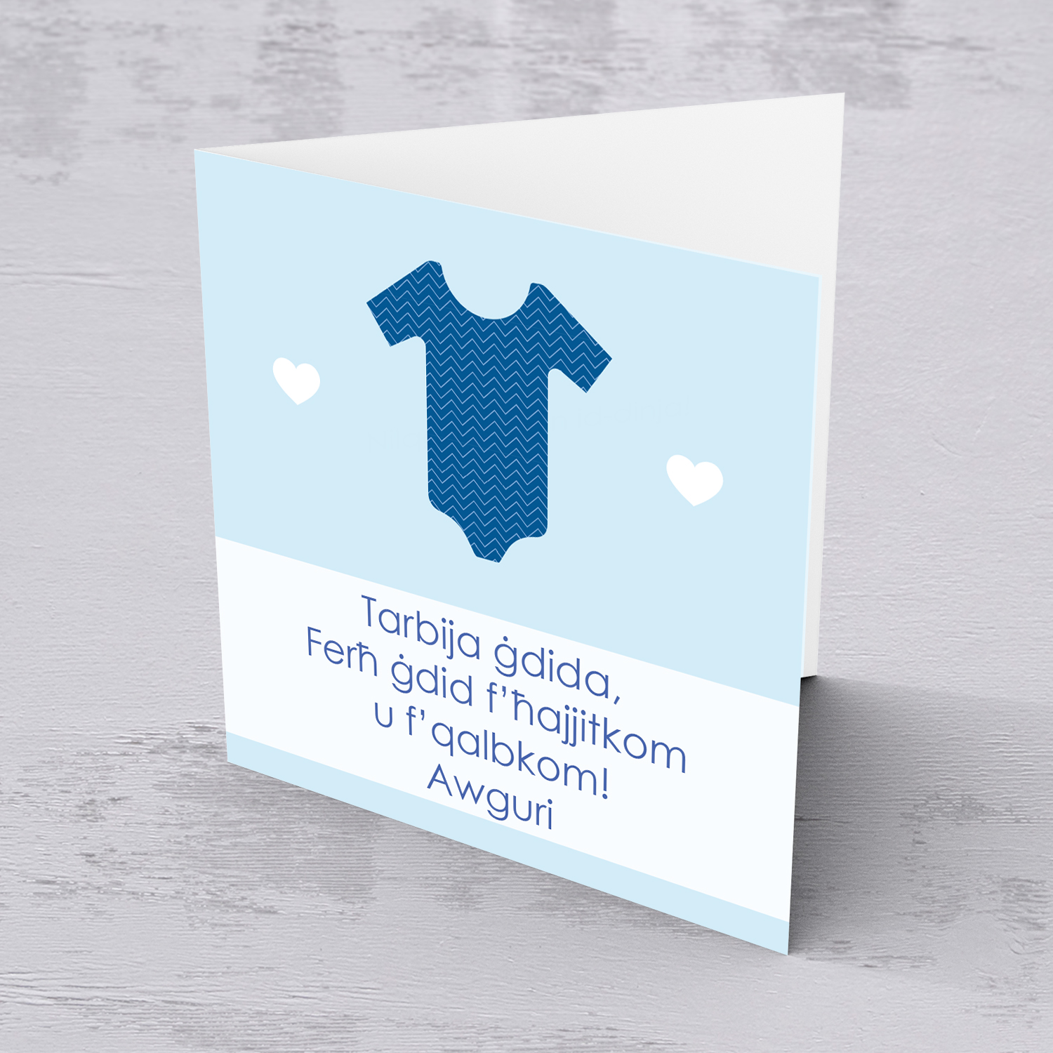 Baby grow themed new born card for boy in Maltese