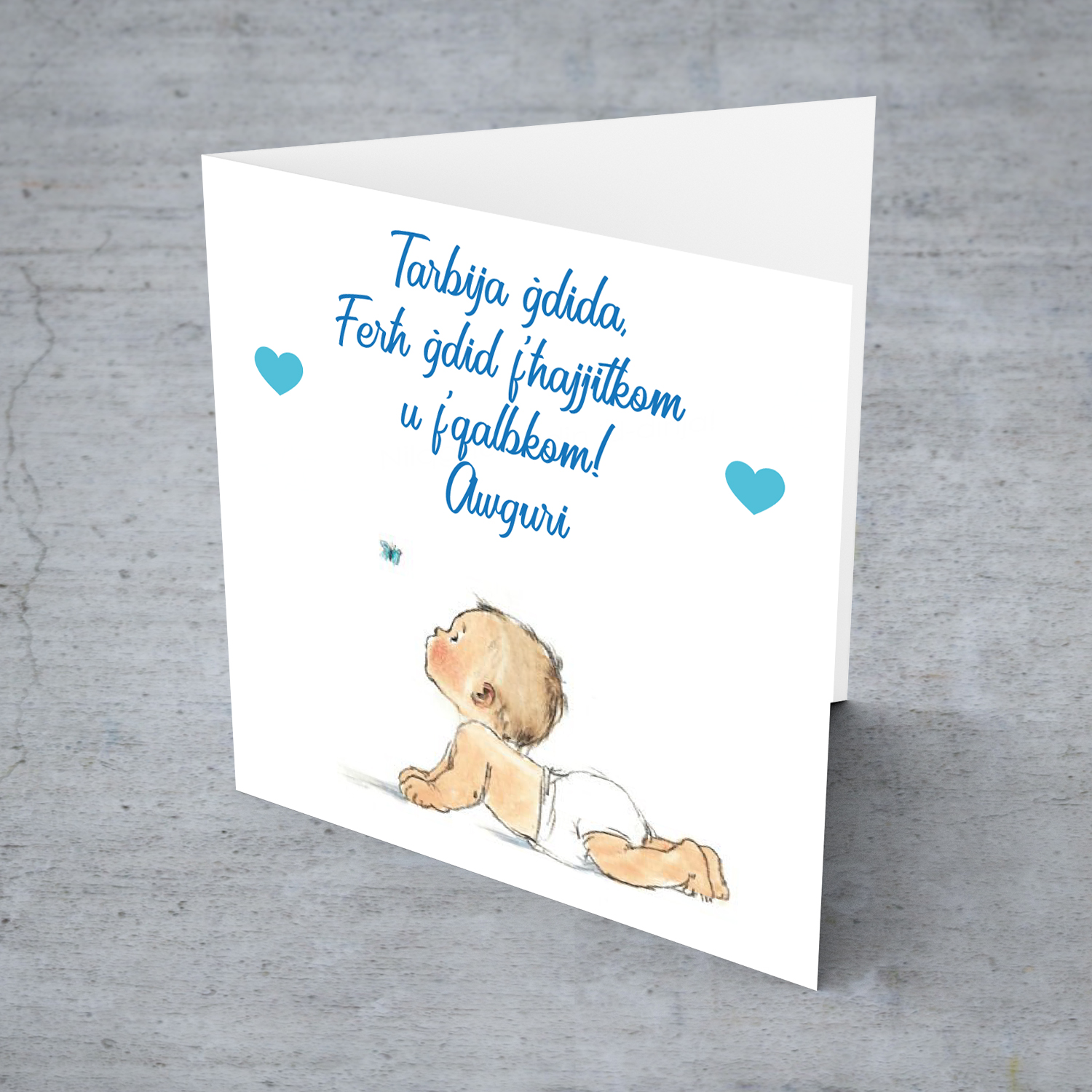 Baby themed new born card for boy in Maltese