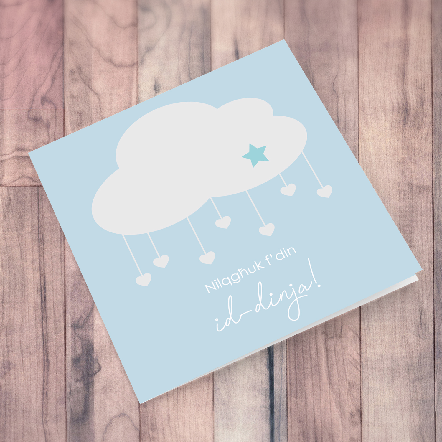 Blue card with white cloud and star new born for boys in Maltese