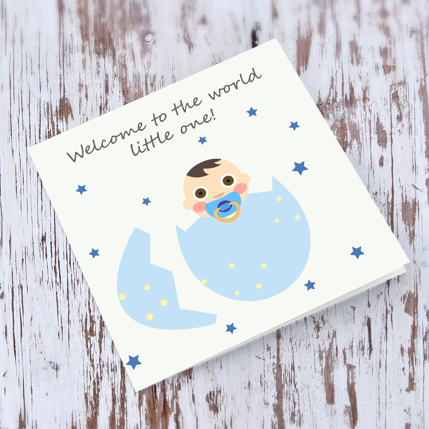 New born card for boy in egg with stars in English