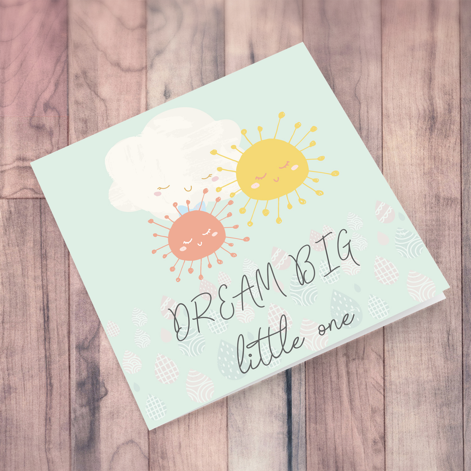 Sun, cloud pastel coloured new born card in English