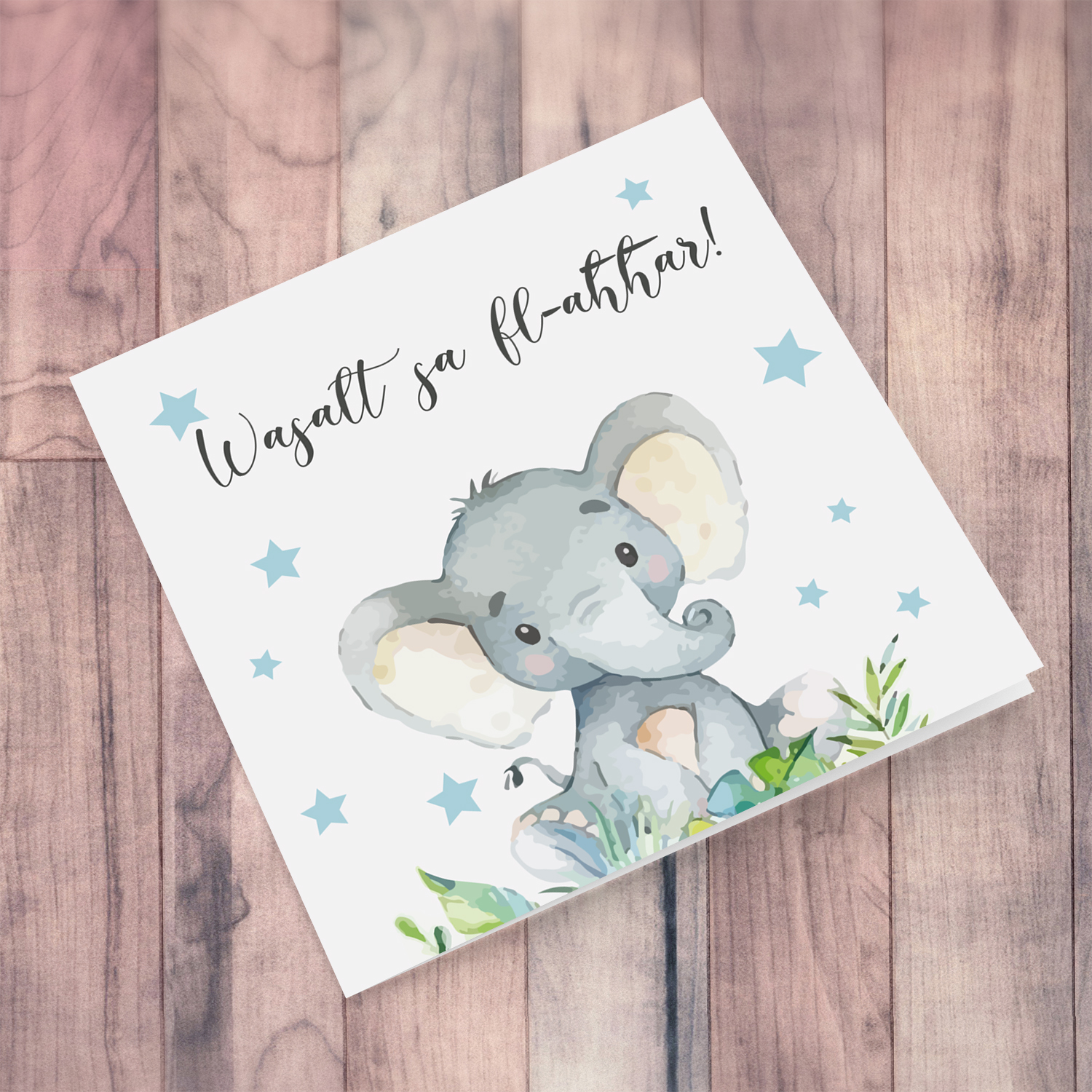 Elephant with blue stars themed new born card in Maltese