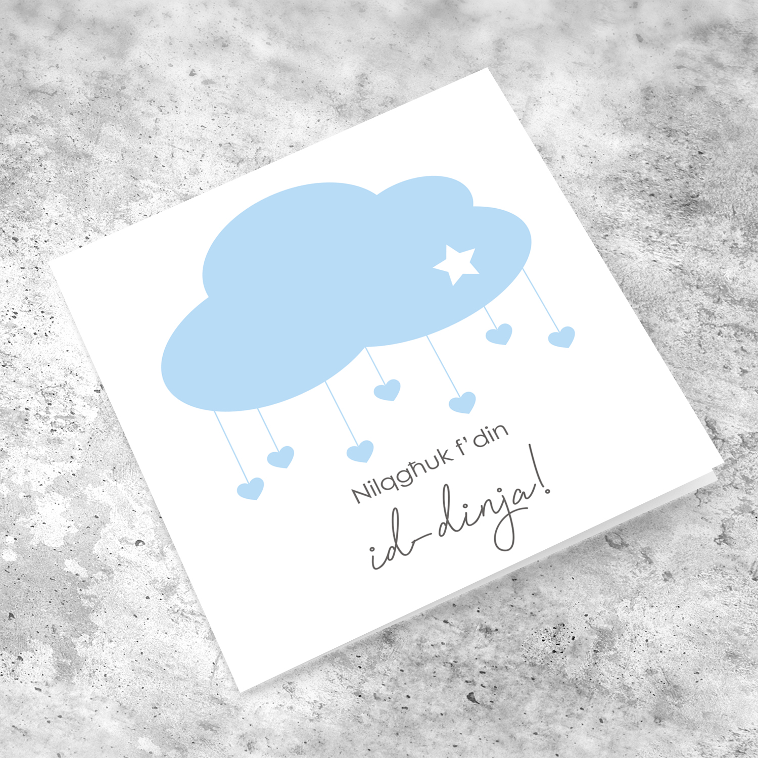 Blue cloud with white star new born card for boys in Maltese