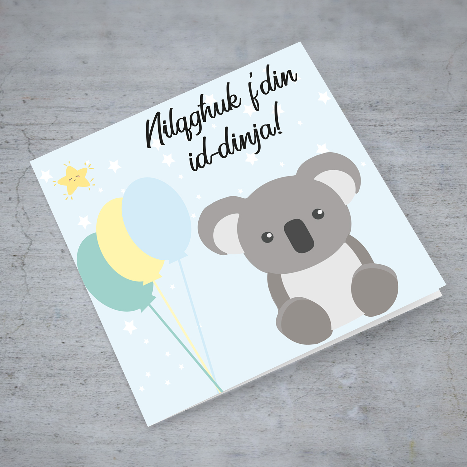 Koala and pastel coloured balloons themed new born card for boys in Maltese