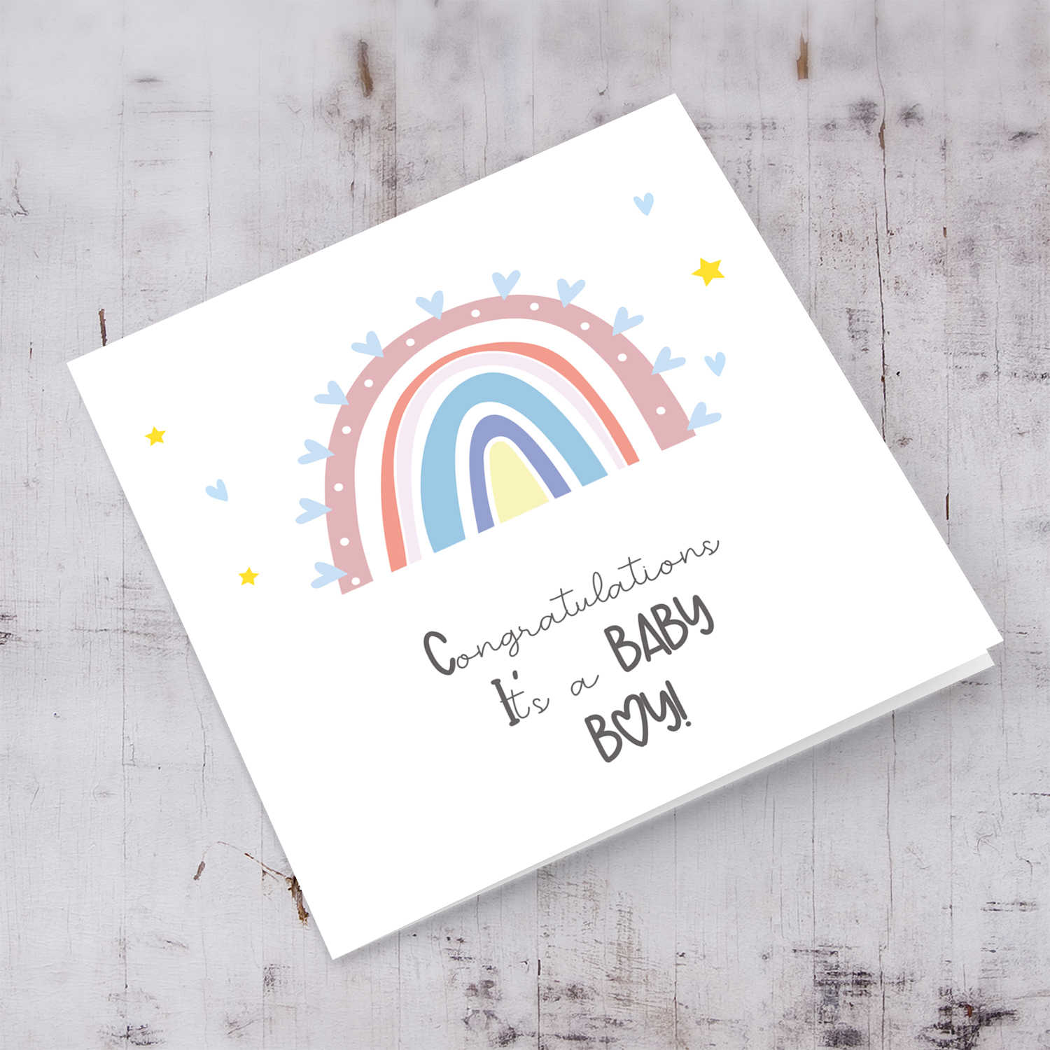 Rainbow themed new born card for boy in English