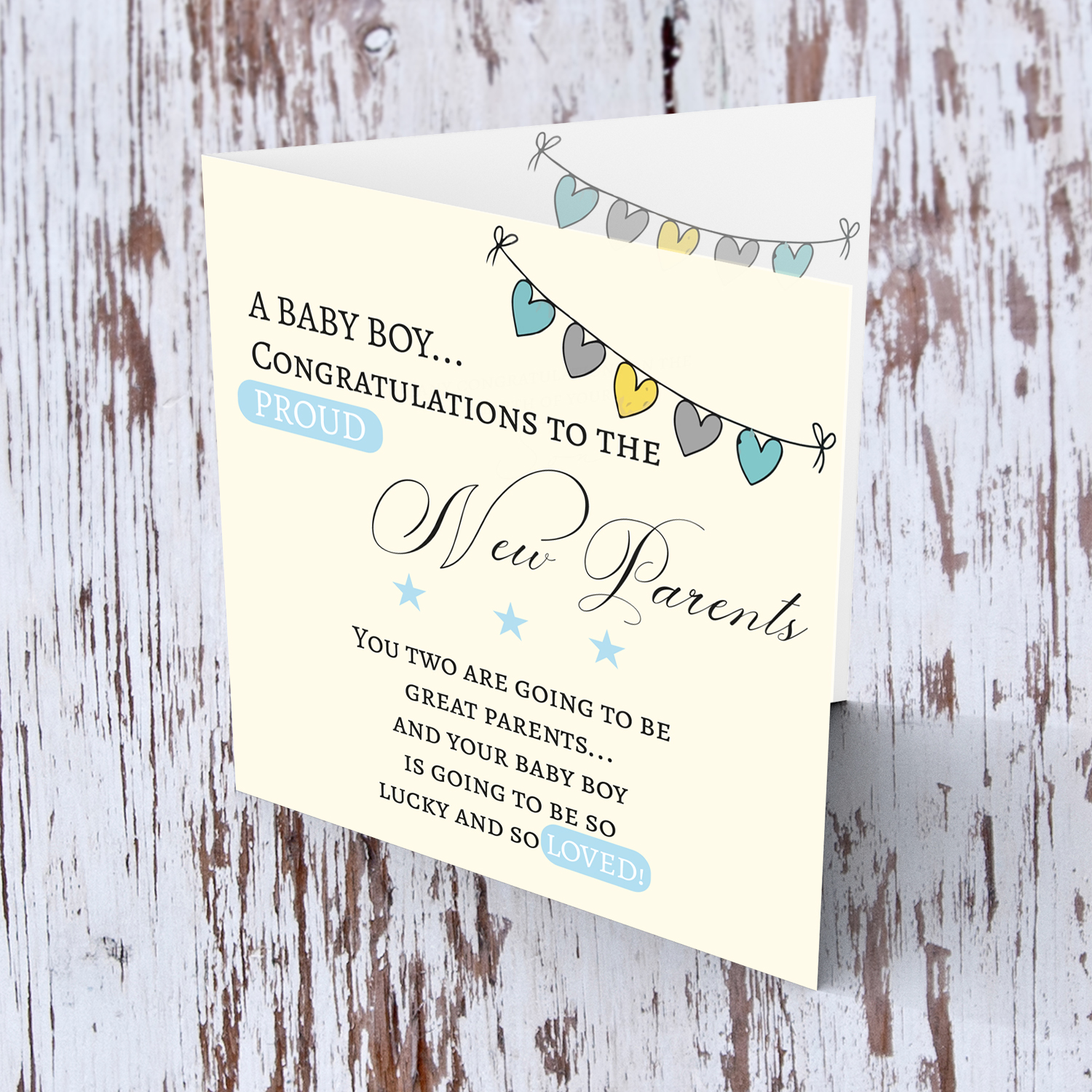 Heart bunting new born card for boys in English  