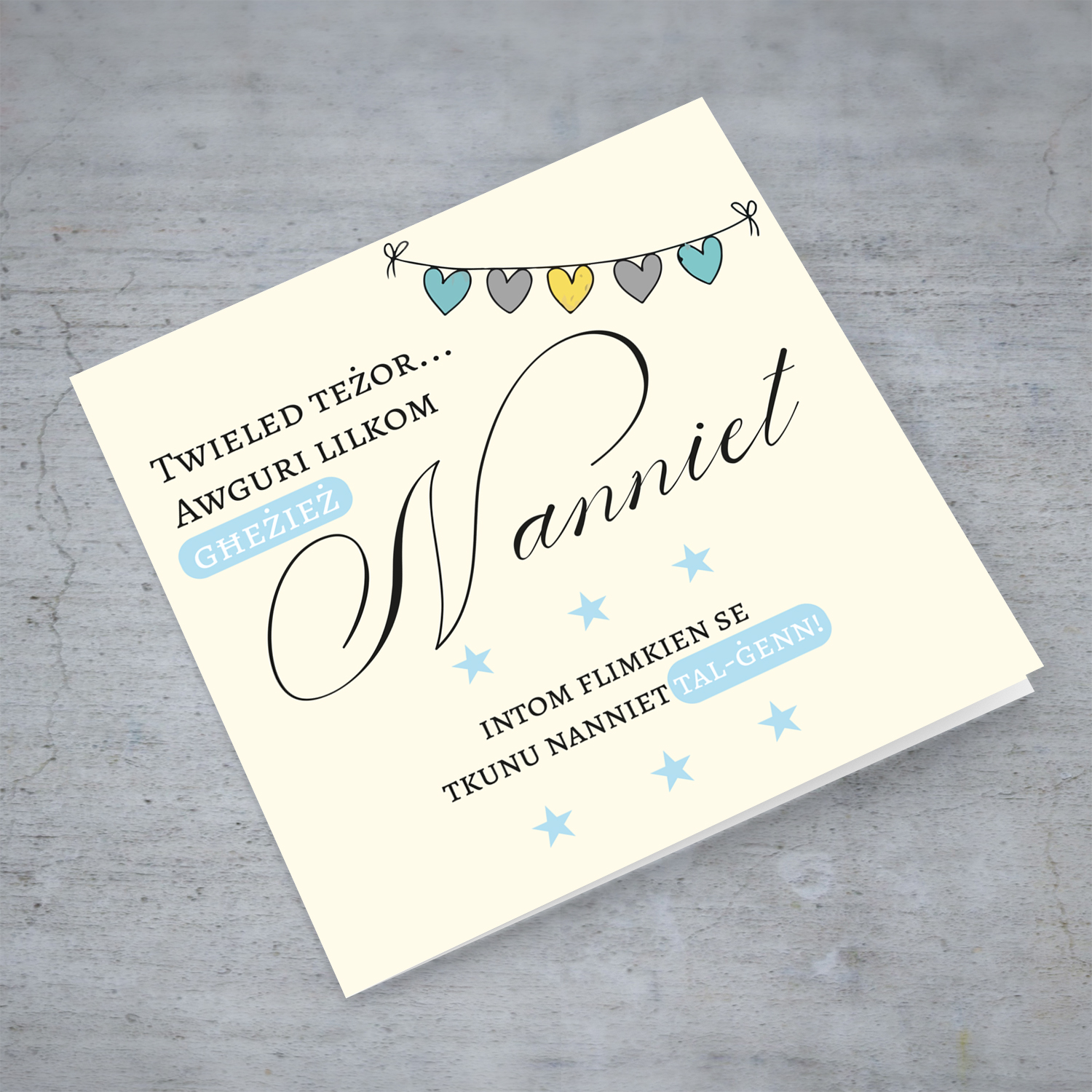 Heart bunting new born card -baby boy grandson- for grandparents in Maltese