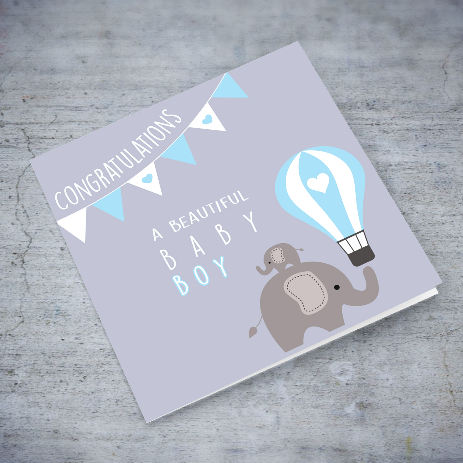 Elephant, hot air balloon with bunting - new born card for boys