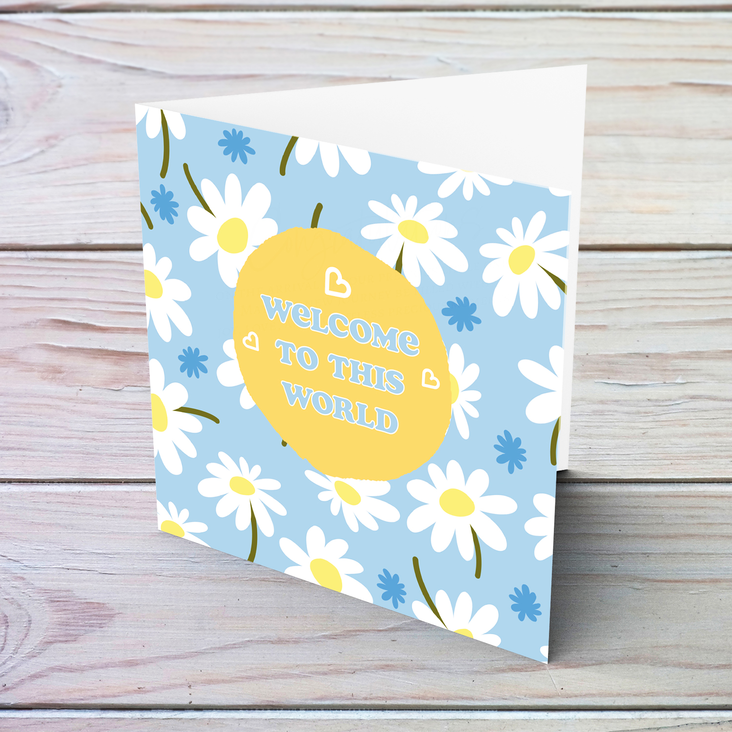 Light blue background with white flowers new born card for baby boy in English